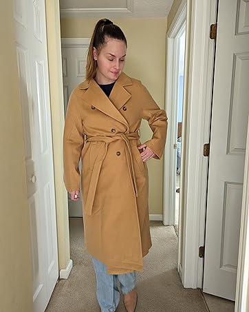 Danedvi Women Elegant Wool Pea Coat Lapel Collar Double Breasted Mid-Long Winter Overcoats with Belted Pockets