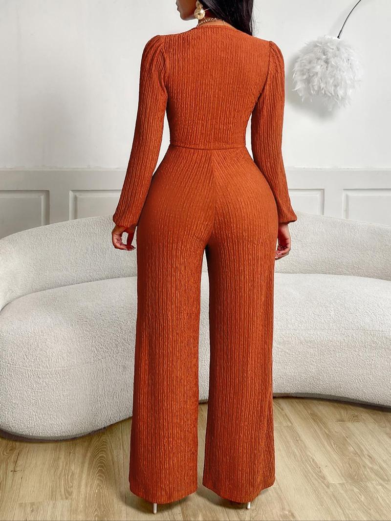 Aliling Fahsion Jumpsuit For Women Autumn Sexy Elegant Women's Jumpsuits, Deep V Neck High Waist Twist Design Long Pants, Puff Sleeve Wide Leg Pants Jumpsuit ,All Seasons Causal Wear