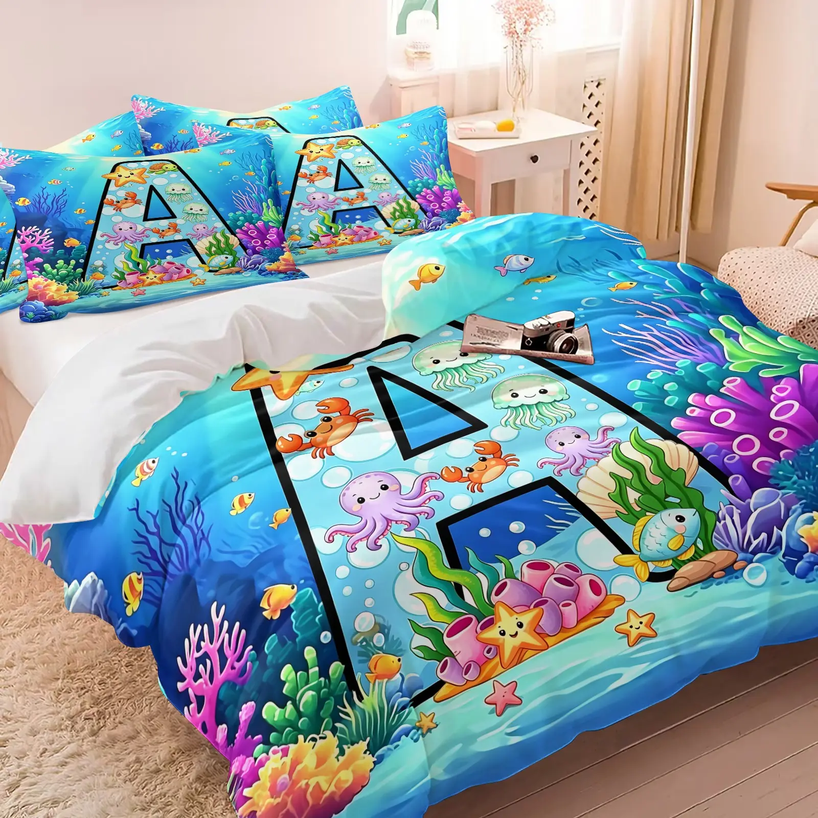 2/3Pcs Cartoon Ocean Animal Initial A-Z Duvet Cover Set, 1 Duvet Cover & 1/2 Pillowcases, No Filling, Colorful Underwater World Print Bedding Set, Soft All-Season for Boys Girls Teens Bedroom Decorative