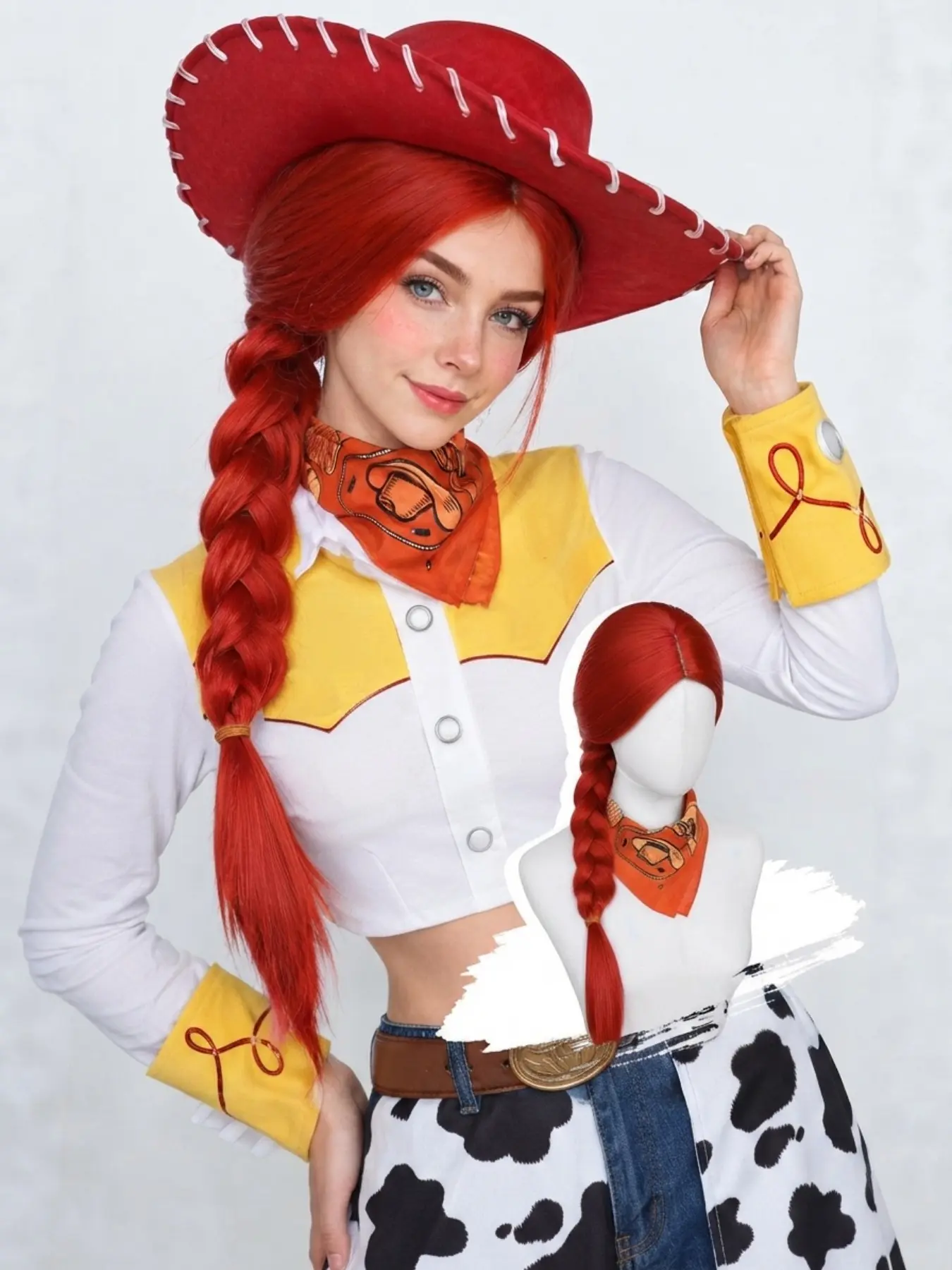 Long Braided Red Wig Set with Western Print Bandana - Cowgirl Style Cosplay Accessory for Parties, Halloween, or Instant Character Transformation. Perfect for Frontier Girl Look and Western Theme Dress-Up. High-Quality Synthetic Hair for a Vibrant Style.