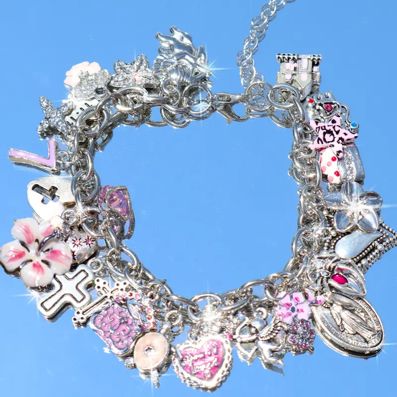 Vintage Heart Flower Charm Bracelet, Retro Cross Bag Bracelet, Cute Cherry Cocktail Coconut Bracelet, Floral Charm Bracelets, Fashion Creative Jewelry, Fashion Jewelry Accessory