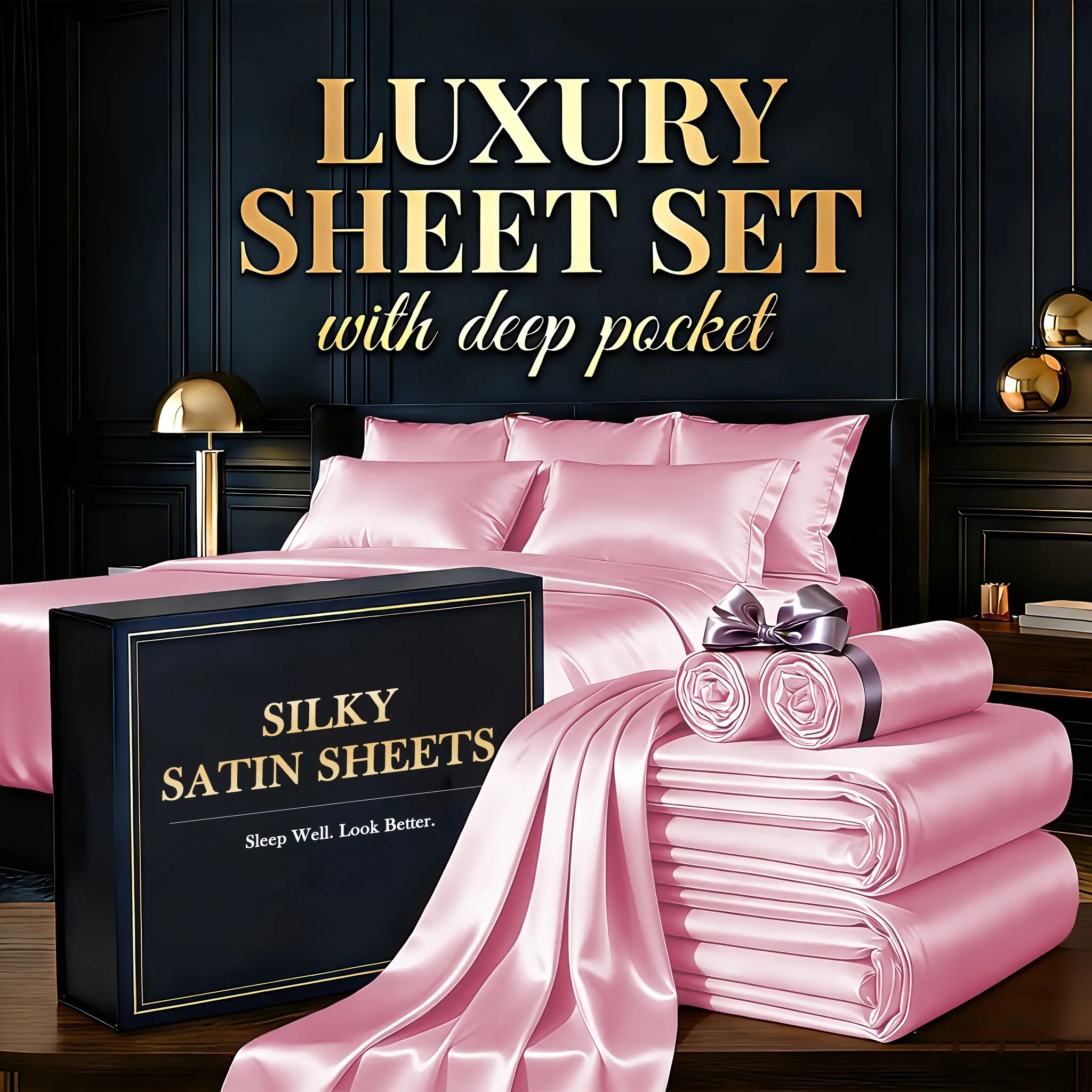 SASTTIE 3/4 PCS Satin Luxury Cooling Sheets - Satin Bed Sheets Set Queen Size - 2200TC Ultra Soft & Silky Children Sheet & Pillowcase Sets - Deep Pockets - Durable Double Stitching - Unmatched Comfort & Softness Sleep - Perfect Fit For All Beds Set
