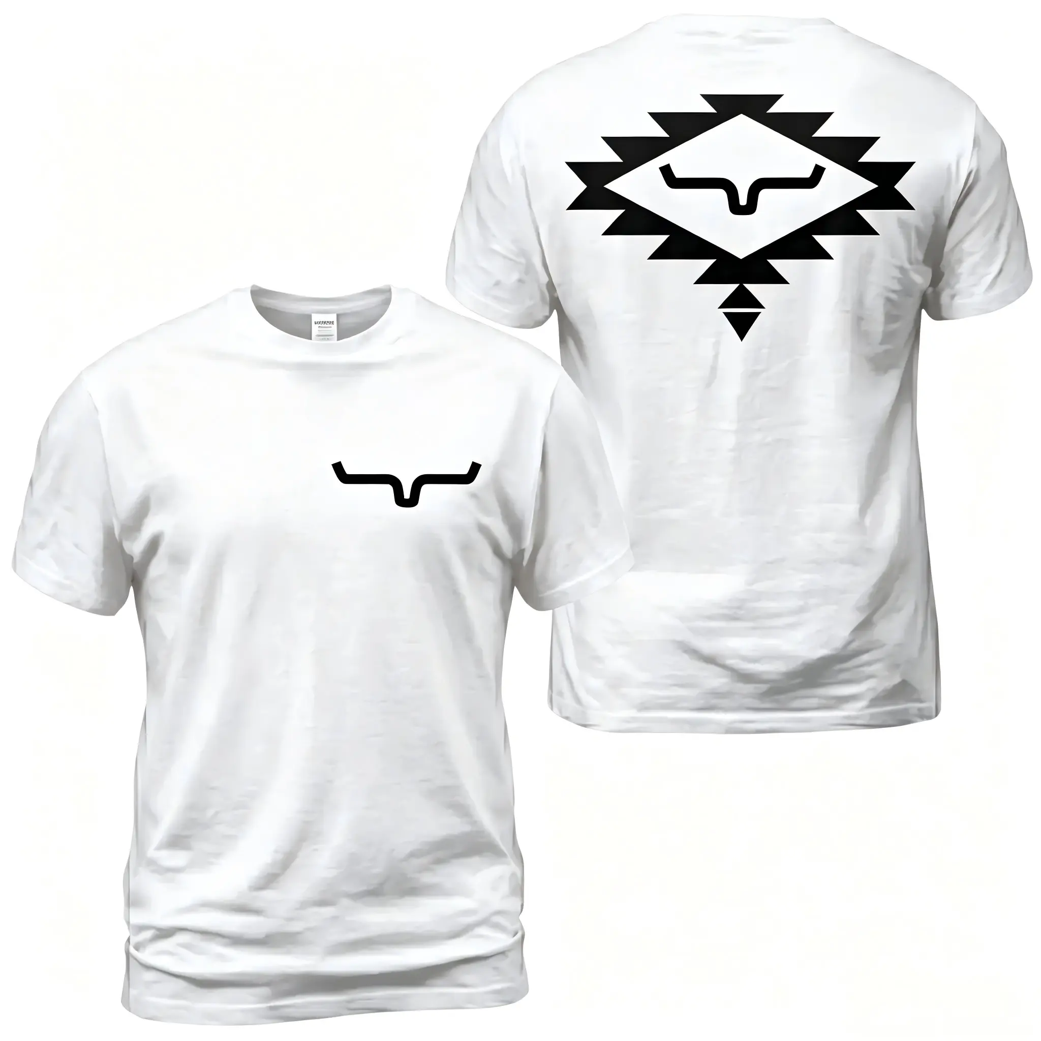 Kimes Ranch Aztec Horn Logo T-Shirt, Western Tribal Graphic Tee, White Geometric Back Print With Front Chest Horn Emblem, Ranch Casual Outfit, Soft Cotton Tee Gift For Men and Women