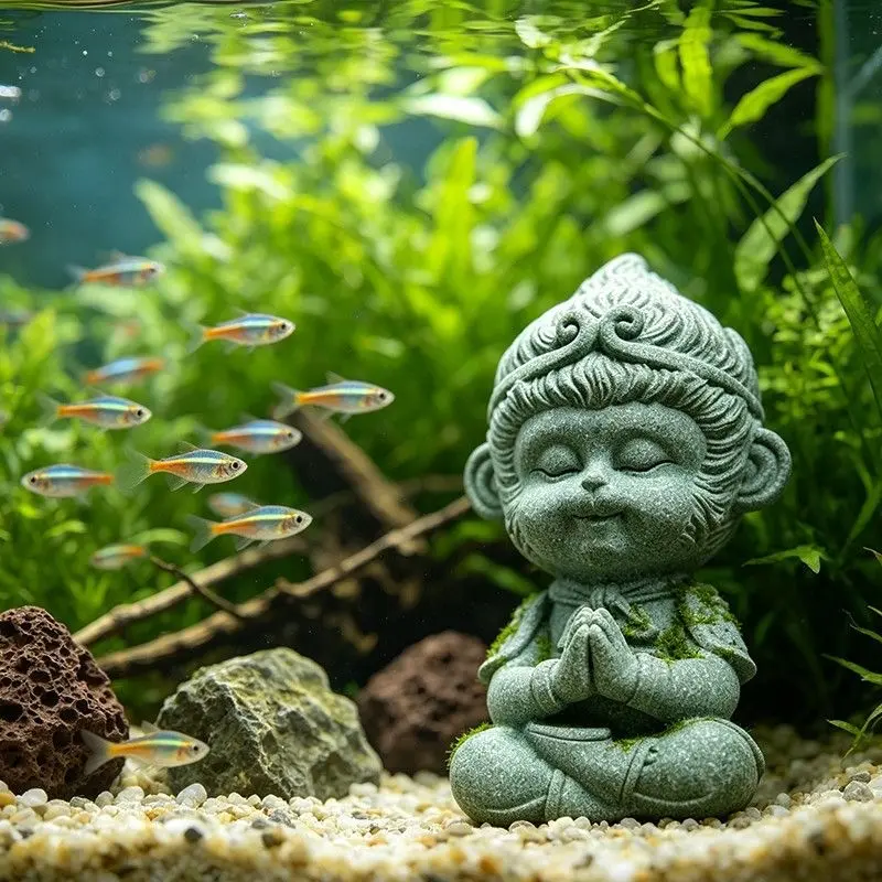 Aquarium Decoration Figurine, Qing Sandstone Sun Wukong Statue, Submerged Fish Tank Ornament, Unique Aquarium Decorative Piece