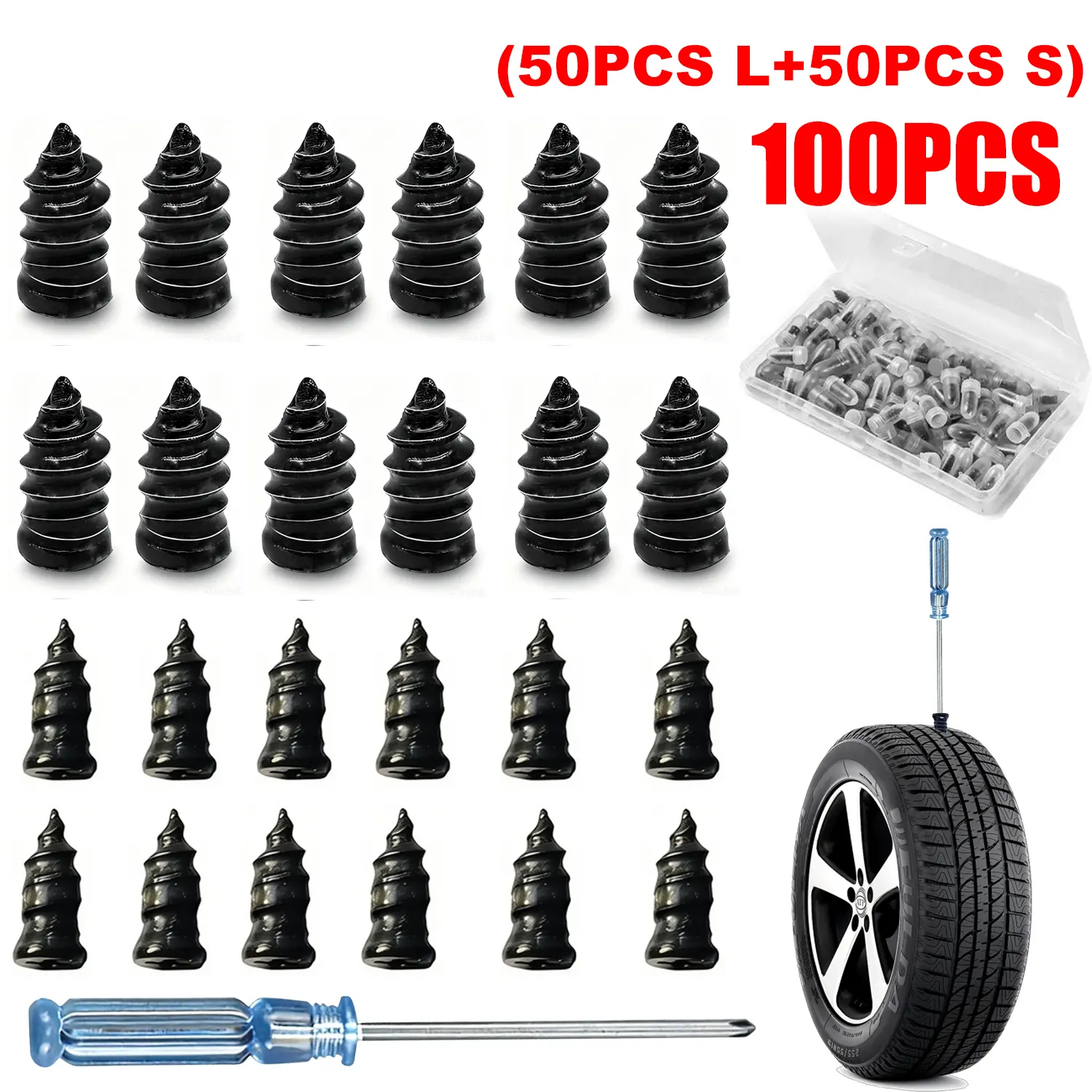 100PCS Tire Repair Screws Plug Kit - 2 Sizes with 1 Screwdriver, Self-Service Vacuum Rubber Nails for Car, Motorcycle, Truck & Tractor - Quick Puncture Repair Solutions