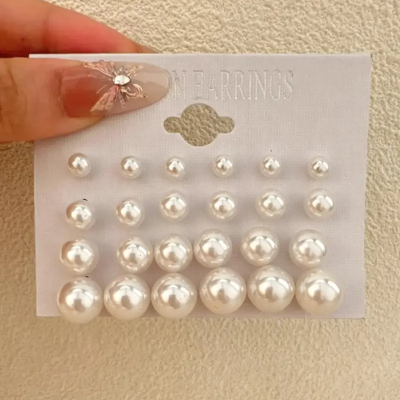 12 Pairs/24 Pieces Classic Faux Pearl Zircon Earrings Set, Mixed Sizes Elegant Ear Jewelry Combo, Women's Daily Minimalist Gift