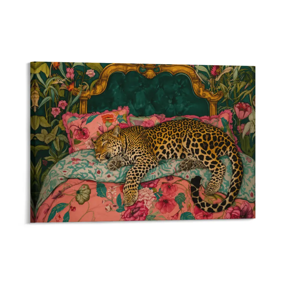 Sleepy Leopard in a Vintage Bed Print - Pink & Emerald Green Maximalist Wall Art - Jungle Bedroom Decor victorian gothic wall art print religious black scripture perfect living room rustic cabin luxury fashion hallway boho style wall decor