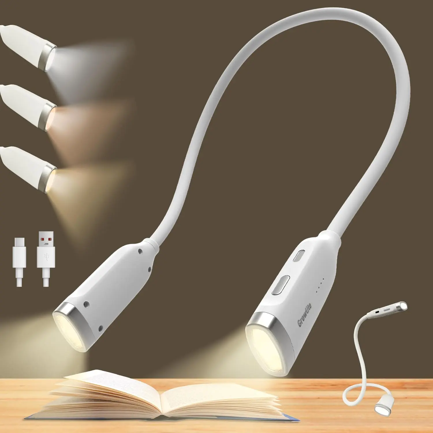Reading Light, 3 Color & Brightness Adjustable Book Light for Reading in Bed, Hands-Free, Lightweight, USB C Rechargeable, Eye-Caring,  for Crafts, Camping,  & Adults (black)