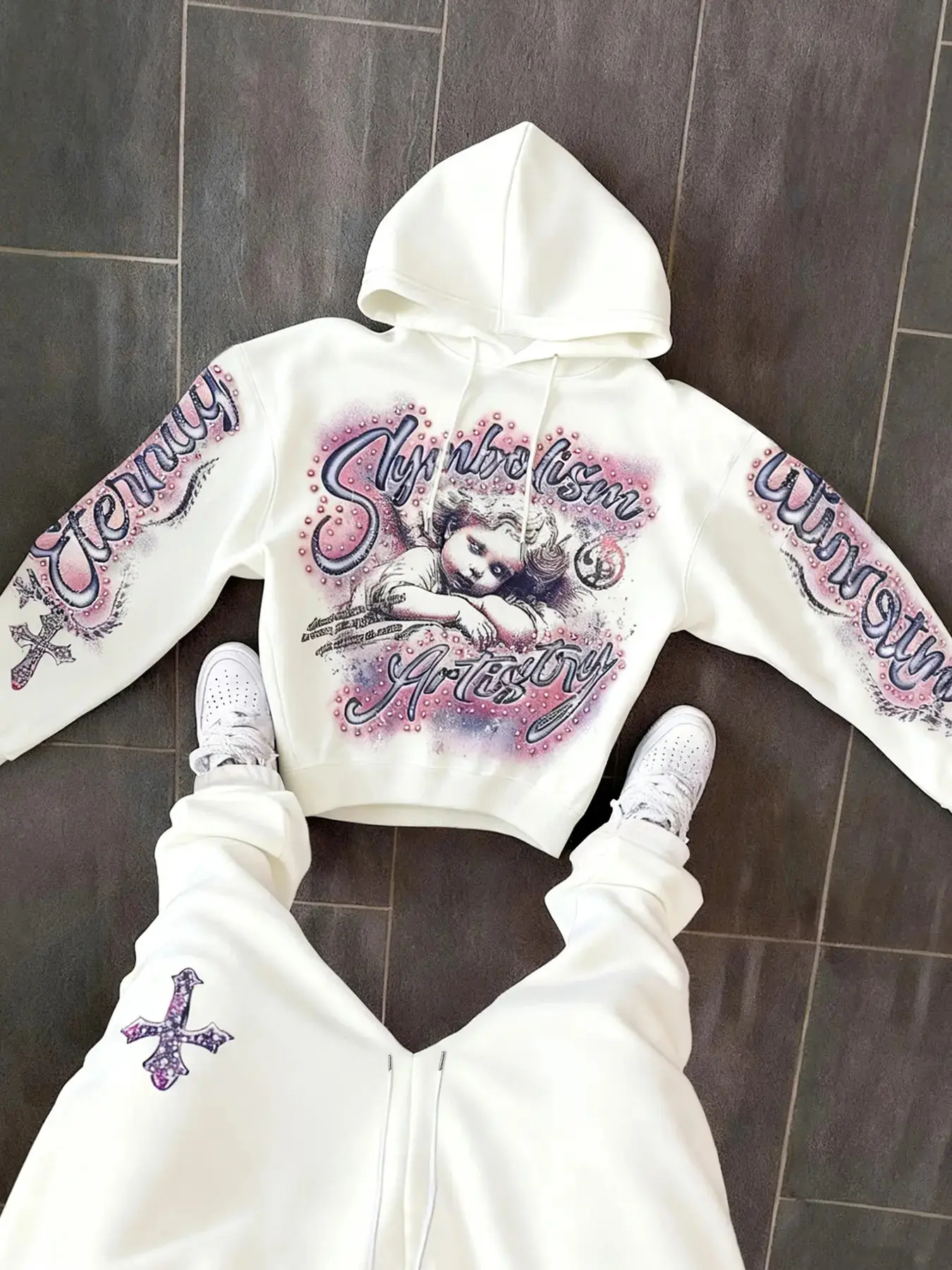 Y2K American Retro Angel Cross Print Hoodie Set for Men, Gothic Graffiti Font, Loose-Fitting Street Style, Two-Piece