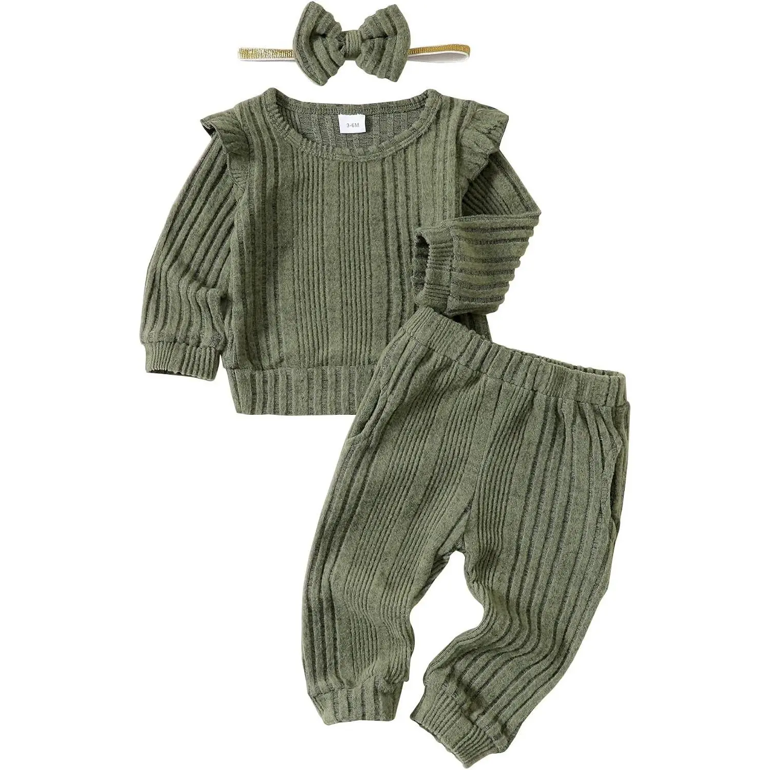 Toddler Baby Girl Fall Winter Sweatsuit Set 3-24M, Warm Fleece Long Sleeve Ruffle Top, Stretch Sweat Pants, Matching Bow Headband, 3-Piece Infant Toddler OutfitGift