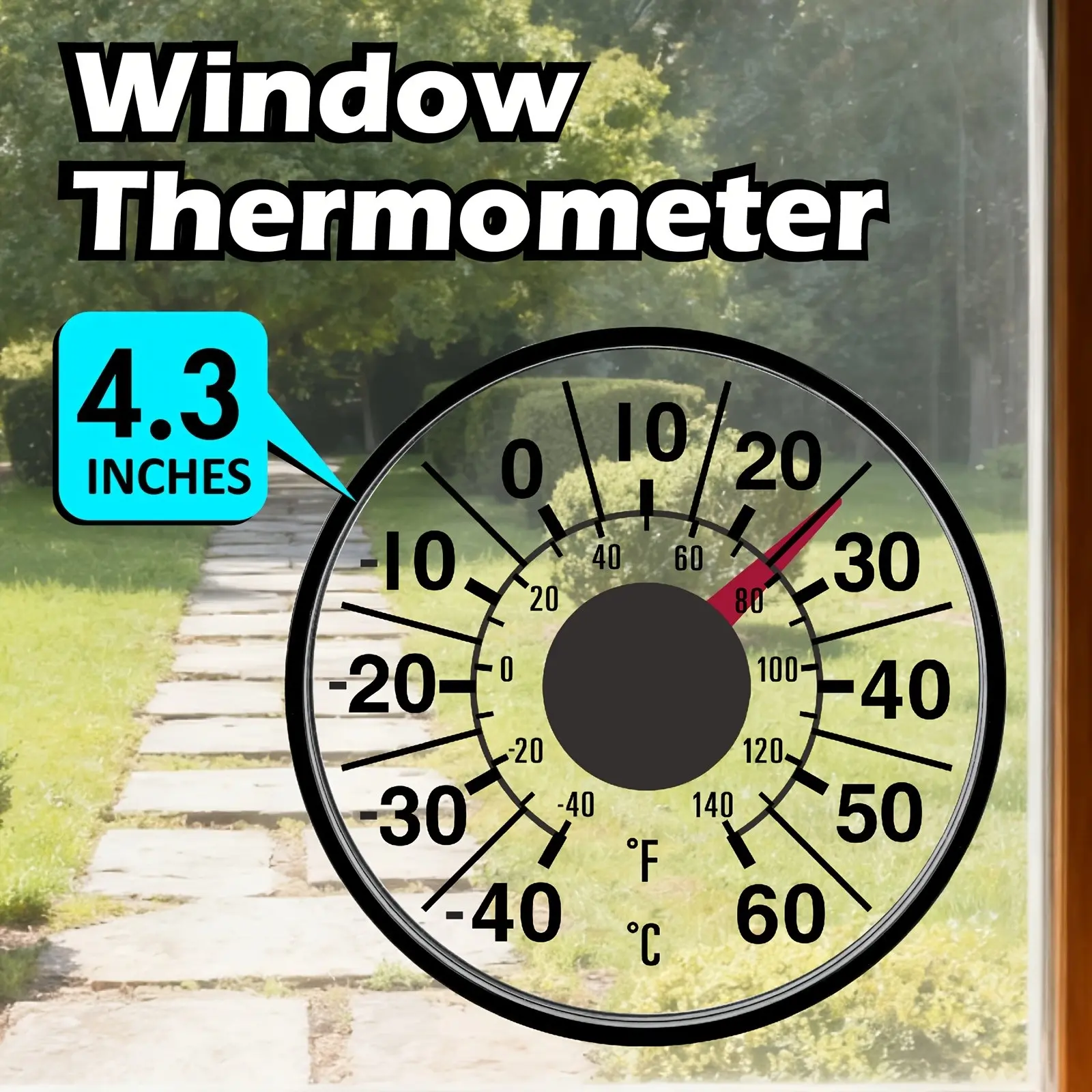 Window Thermometer Indoor Outdoor Adhesive Pointer Type, -40~60℃/-40~140℉, Solid Form, Direct Reading, No Ca Prop 65