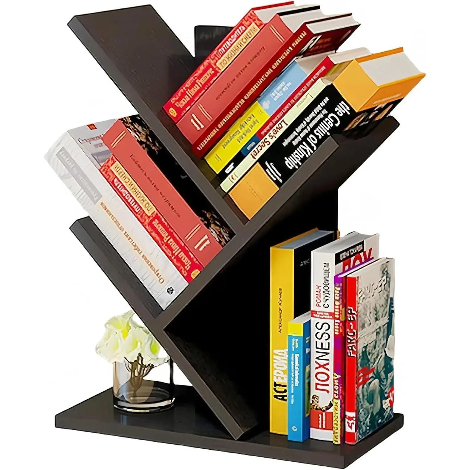 3-Tier Wood Tree Bookshelf - Single Unit Mini Bookcase, Small Home/Office Desk Storage Rack for Displaying Books, CDs, Magazines