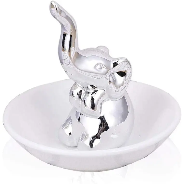 Ceramic Lucky Elephant Motif Ring Holder Organiser - Lightweight Modern Small Tray, Gift-Ready for Wedding Christmas Gifts, Ring Storage