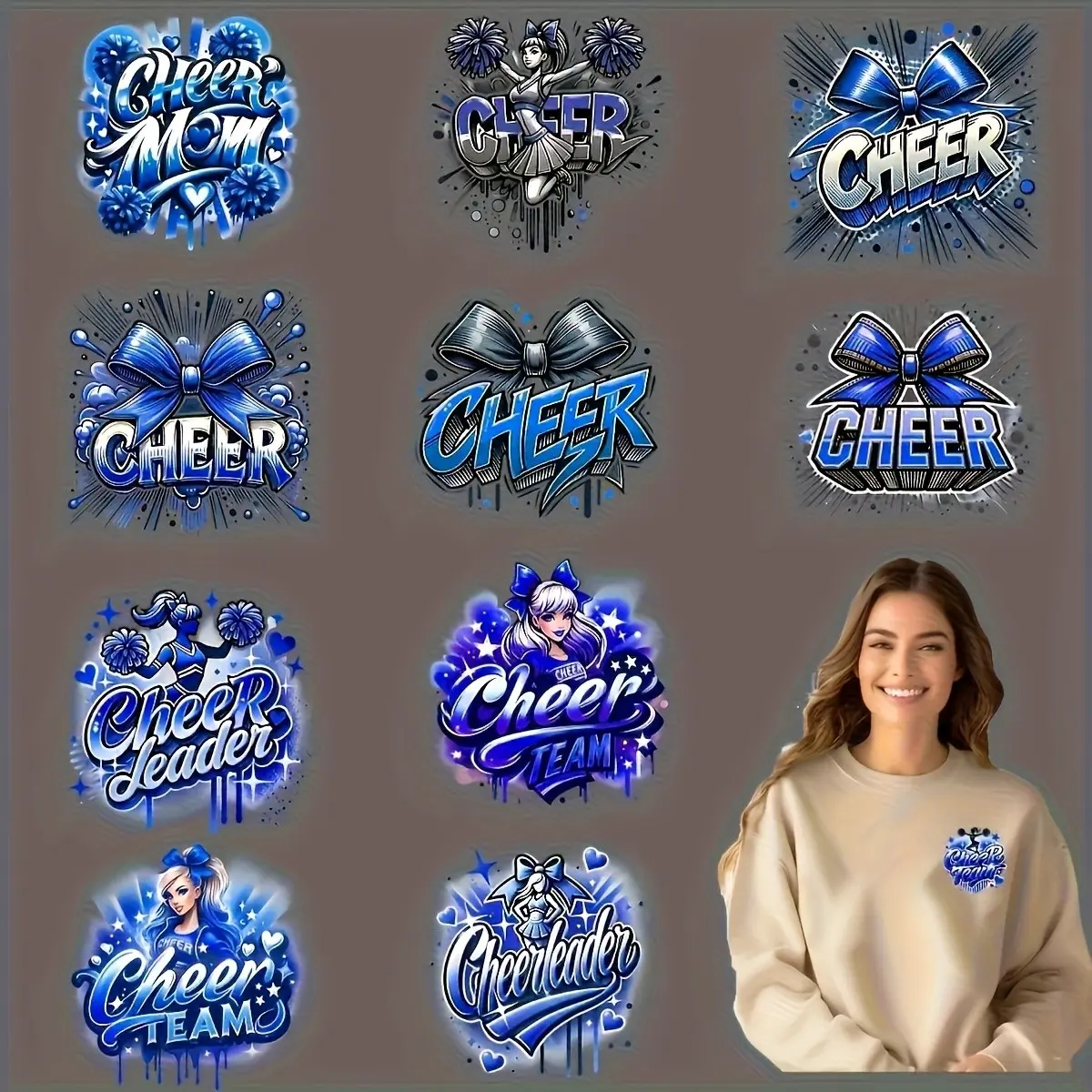 12 Pcs Cheerleader Transfer Stickers, Washable Vinyl, Iron-On, Bright Blue and, Festive Design, Perfect for T-Shirts, Masks, Jeans
