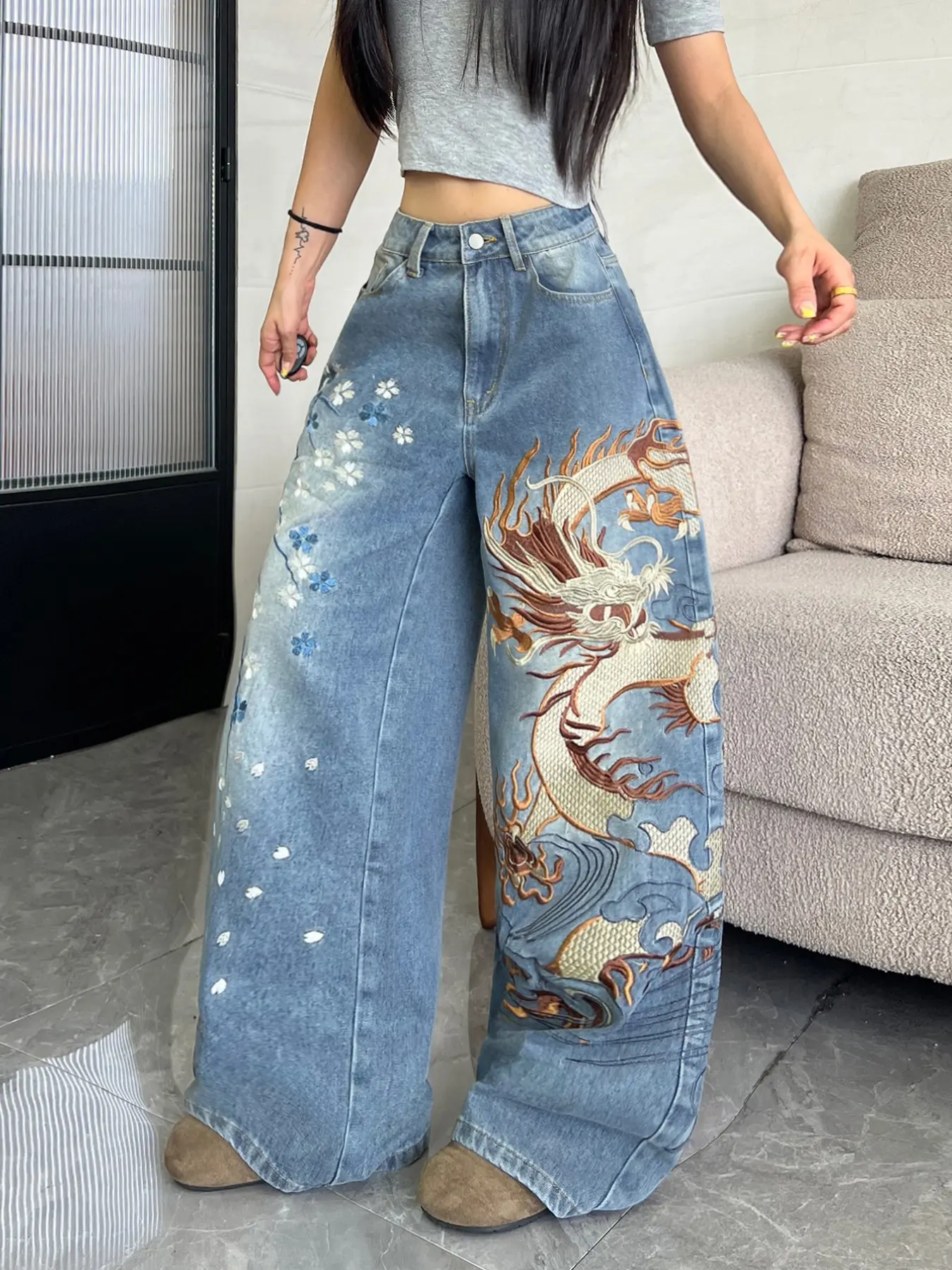 Women's High Waist Wide Leg Jeans, Vintage Blue Dragon Floral Embroidery, Y2K Streetwear, Casual Long Pants, Halloween Gift
