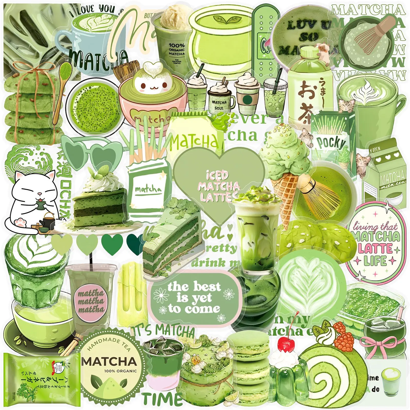 50Pcs Aesthetic Clear PET Transparent Matcha Stickers, Cute Green Dessert Kitten Graffiti Decals, for Water Bottle & Fridge DIY Decor, Planner Accessories, Office Products, Back To School Decor