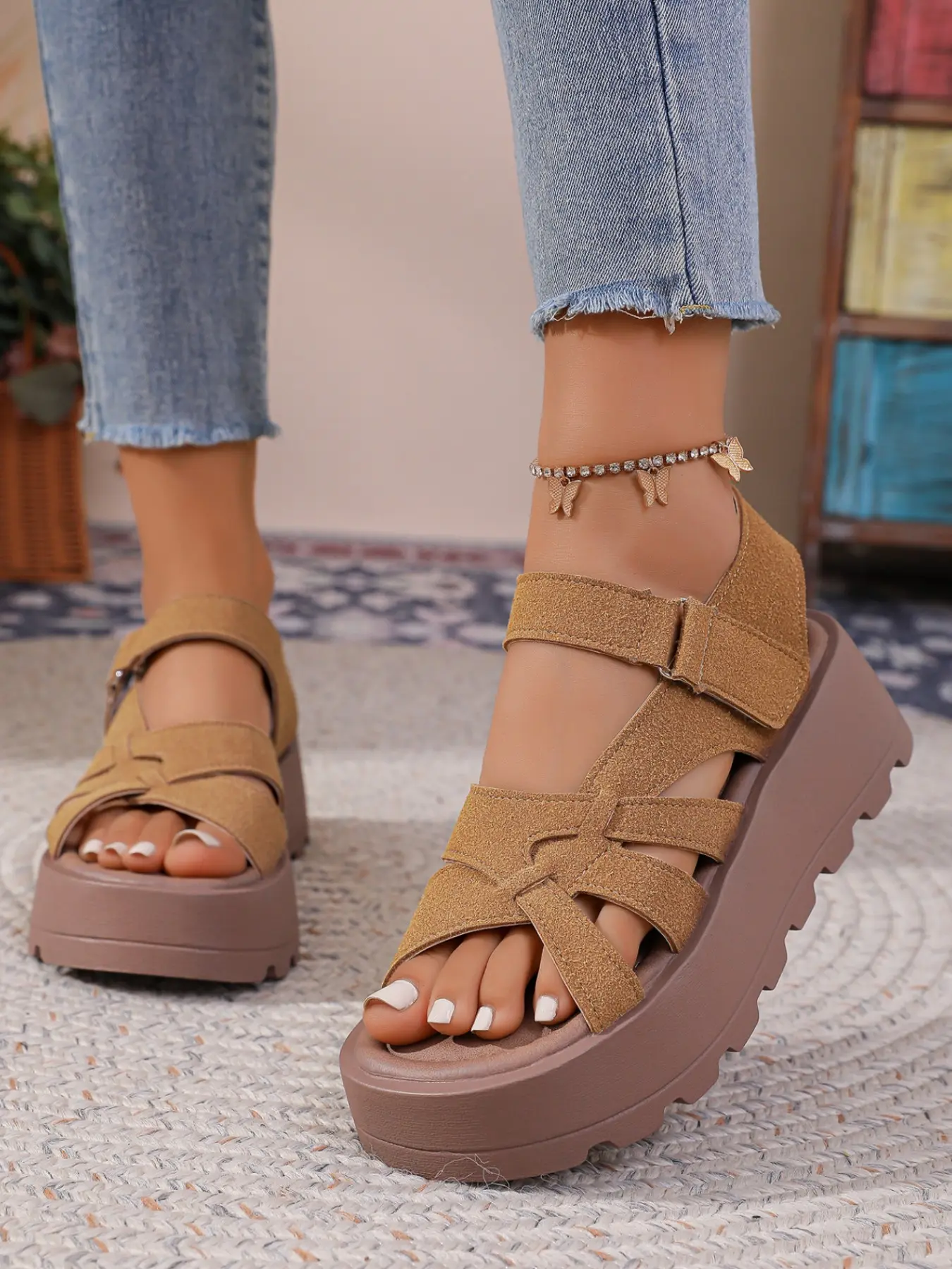 Women Multi Cross Strap Adjustable Ankle Strap Thick Lug Platform Sandals, Lightweight Open Toe Slingback Sandals, Outdoor Streetwear Vacation Daily Wear, 2 Colors Beige Camel