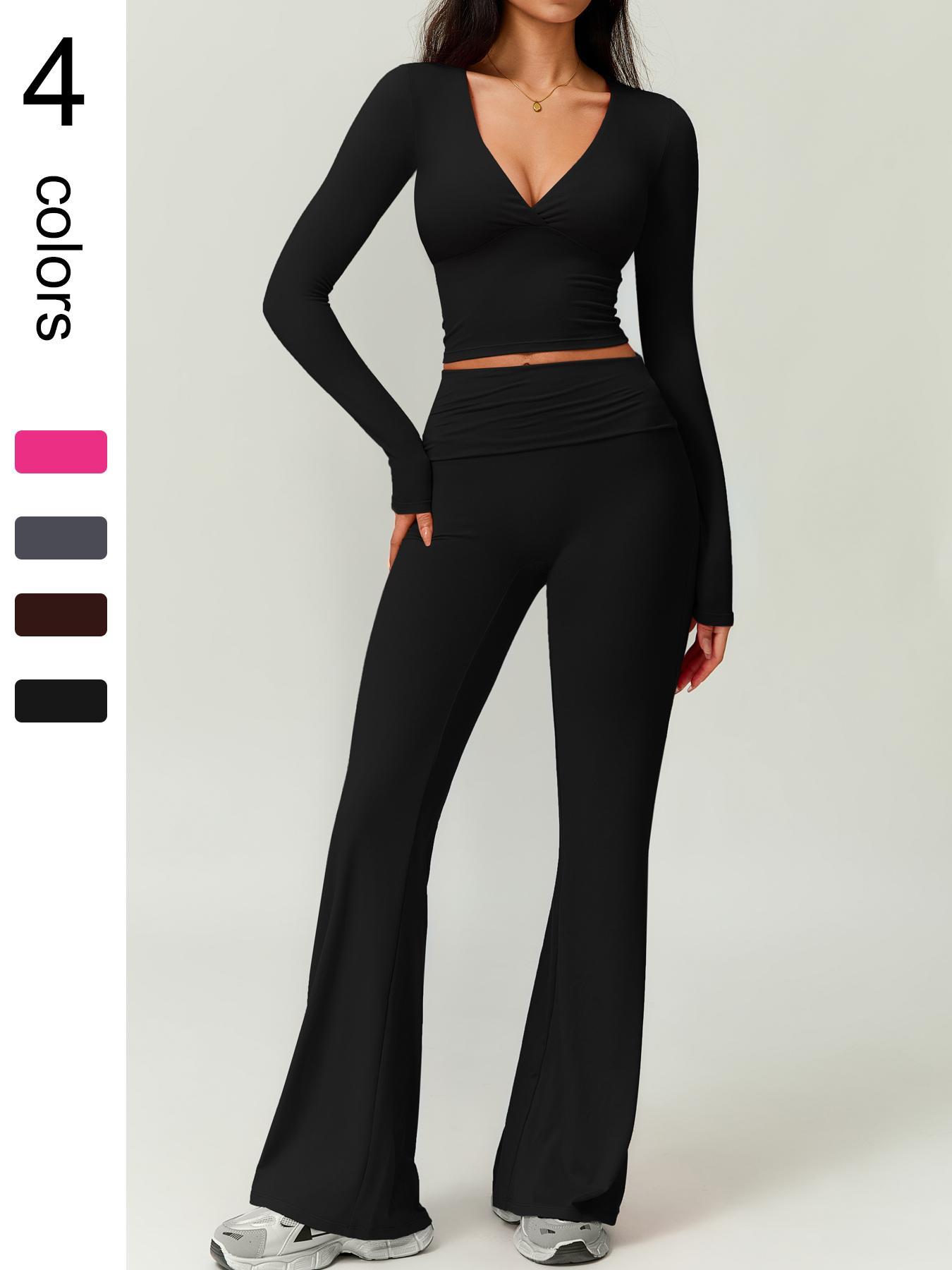 Women's Patchwork High Elastic Deep V-Shaped Collar Detachable Chest Pad Long Sleeve Oblique Waist Slim Fit Flared Pants Yoga Clothes suit Sweatsuit Set Outdoor Running Cycling Walking Gym Sports Training Workout Set Athleisure Wear Set