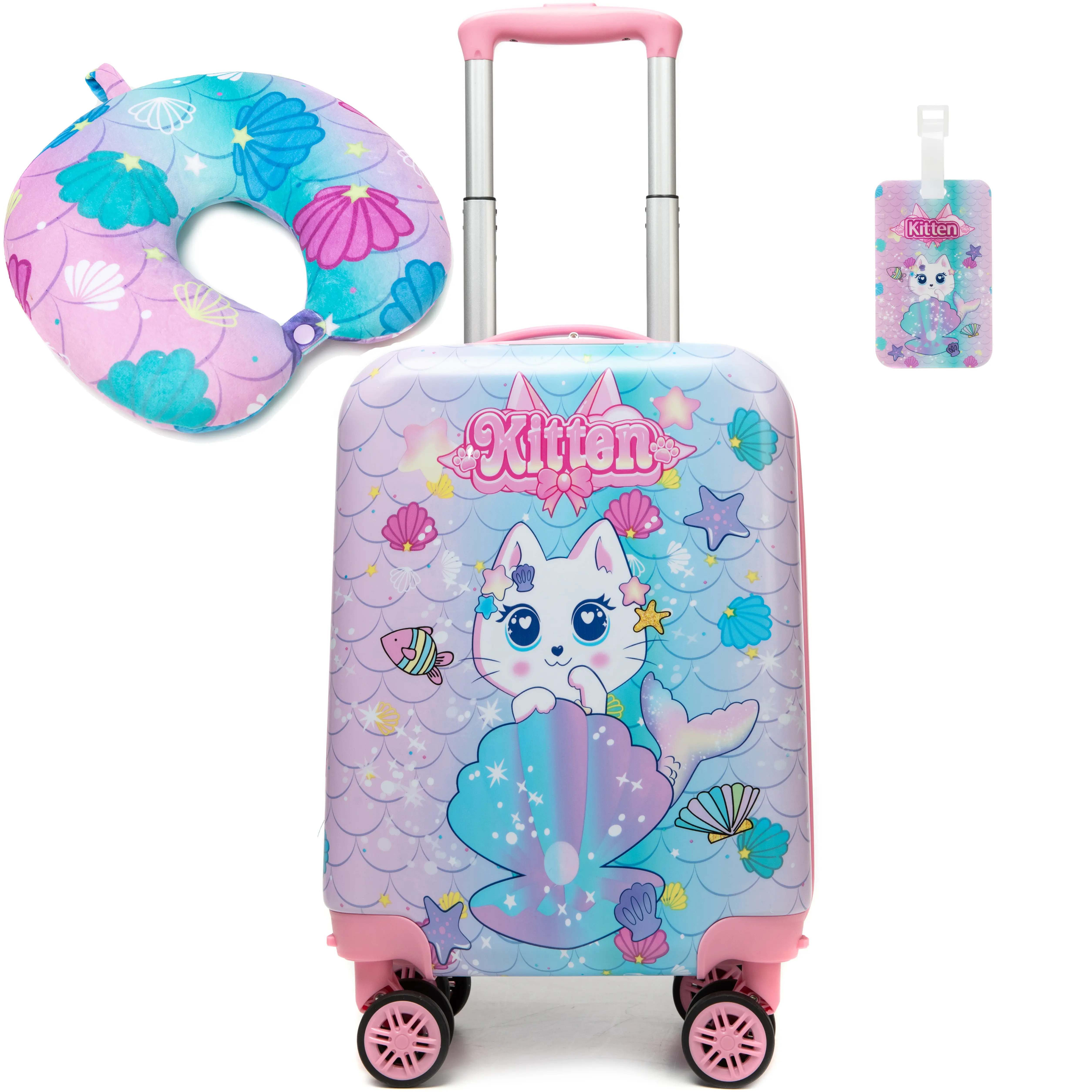 Kids Spinner Luggage Set Girls Hard Shell Suitcase with Travel Neck Pillow Luggage Tag Kitten Mermaid Theme Trolley Case