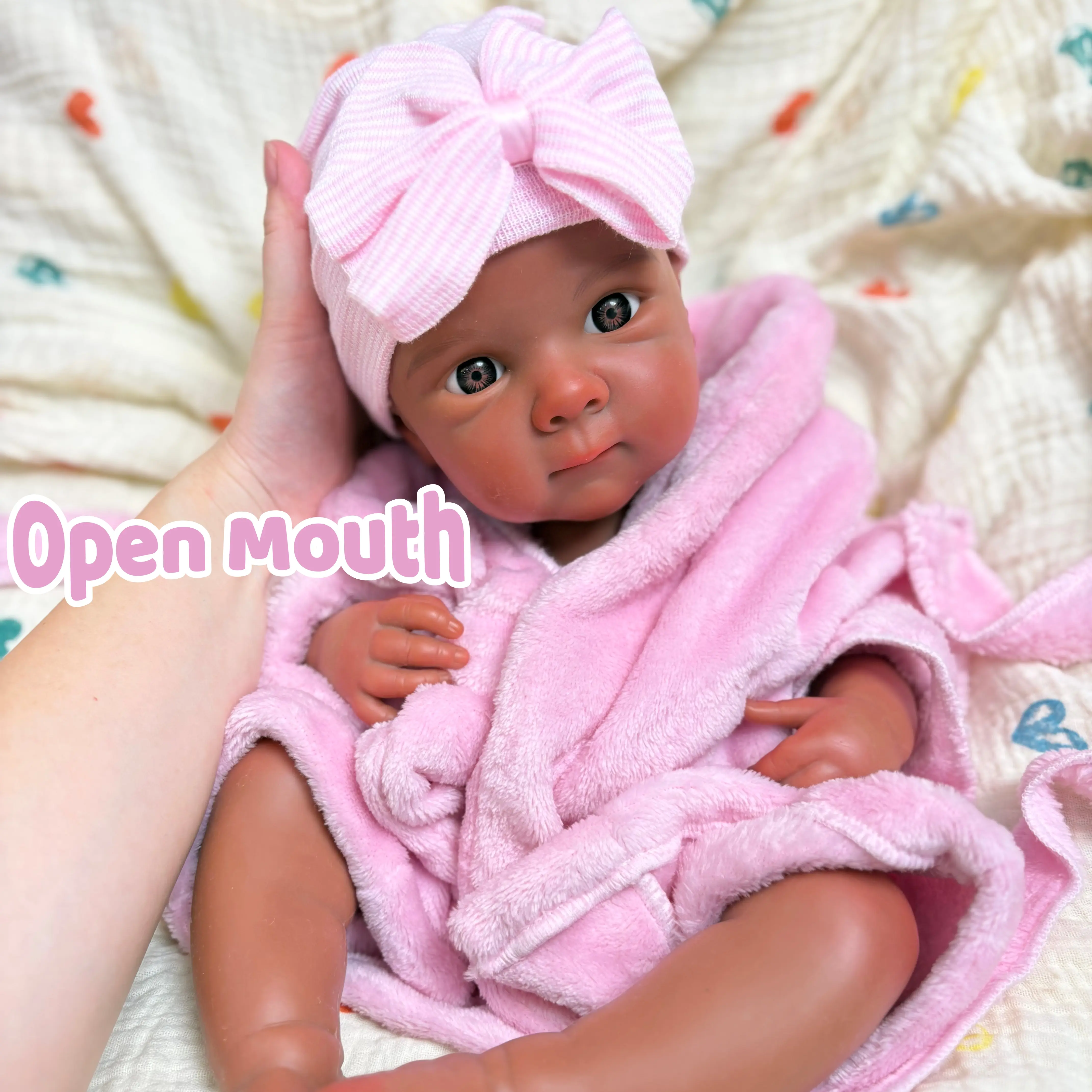 Otarddolls Bettie 18in Dark Skin Silicone Reborn Girl Doll, Washable Open Mouth, Hand Painted Texture, Pink Bathrobe, Holiday & Birthday Gift