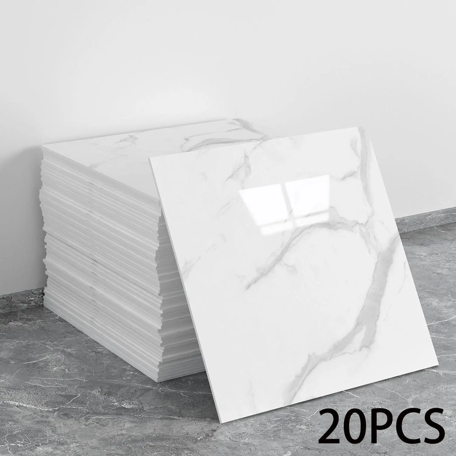 The latest 20-piece glossy marble-pattern imitation ceramic tiles self-adhesive wall sticker can be applied immediately after removal. It is waterproof and suitable for use on walls in living rooms, kitchens, splash areas of bathrooms, and home interiors.