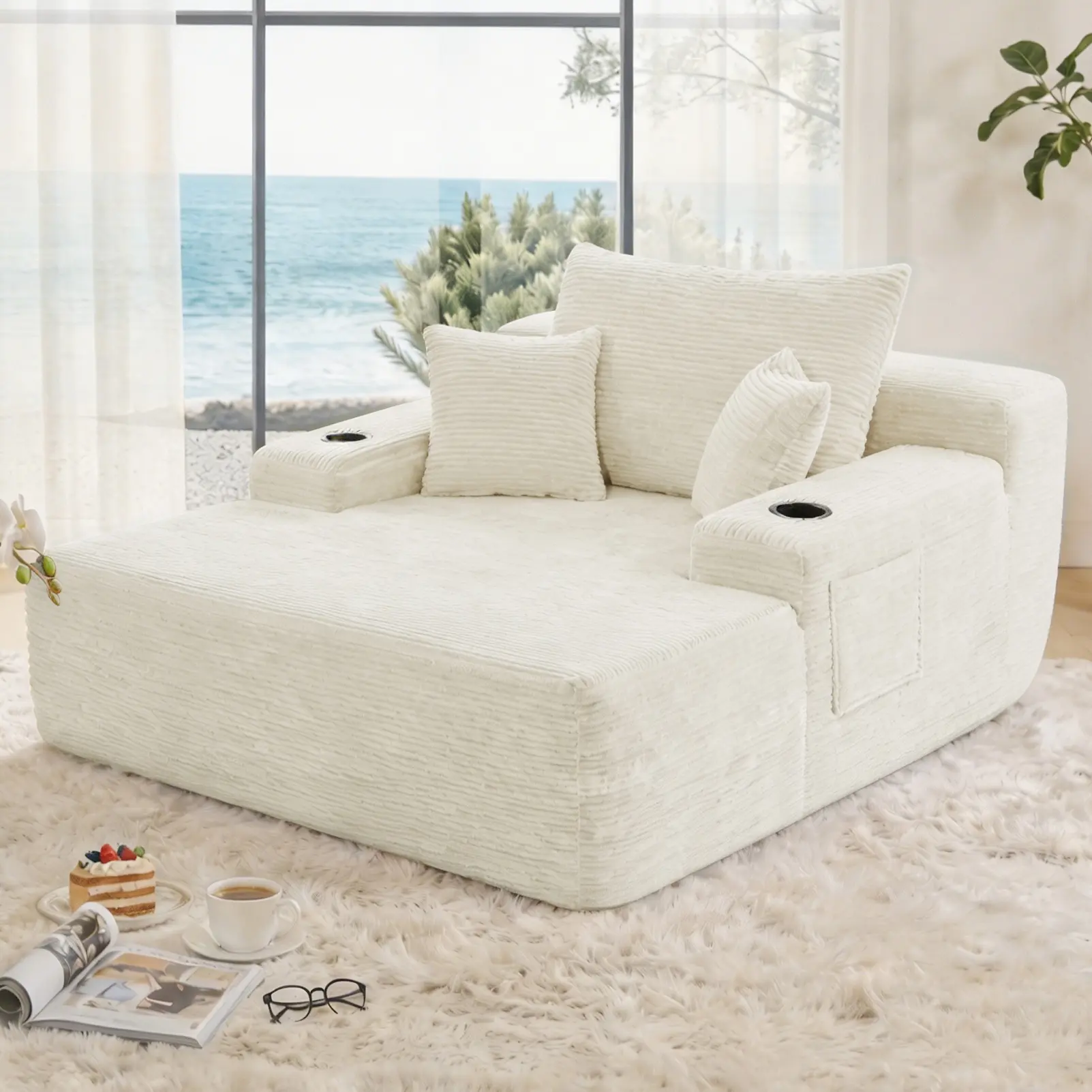 NEW Convertible Chaise Lounge Chair Plush with Wide Armrest & Throw Pillows, Cozy Boneless Sleeper Sofa Bed Armchair, with cup holder,for Living Room, Bedroom, No Assembly Required,Beige