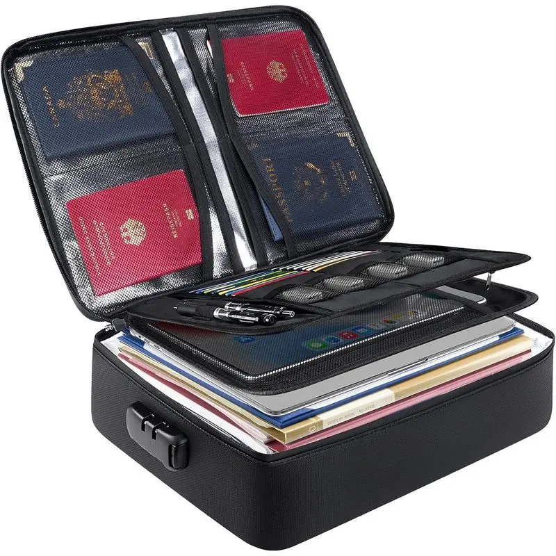 14 Inch Fireproof Waterproof Document Box With TSA Combination Lock Black PU Leather Hard Shell Briefcase For Home Office Travel Storage Of Passport Contracts Legal Papers With Multiple Organizational Pockets And Dividers Passport Compartment