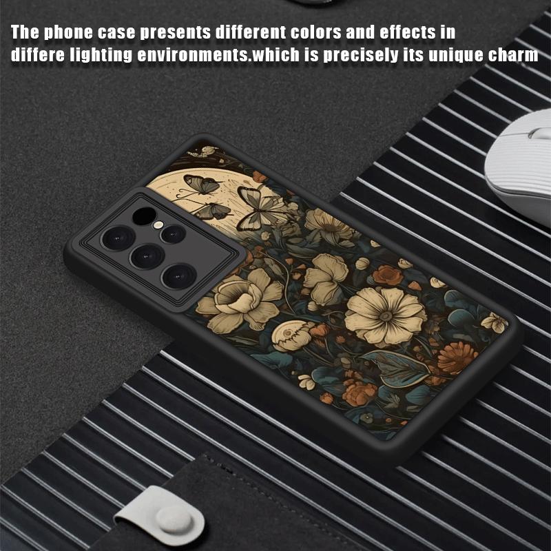 Butterfly WildFlower Black Phone Case for Samsung Galaxy S25 S24 S23 S22 S21 A13 A14 A15 A16 A17 A33 A34 A35 A36 A52 A53 A54 Note20 Fe Plus Ultra  -Full coverage Soft Anti-Drop Protective Cases