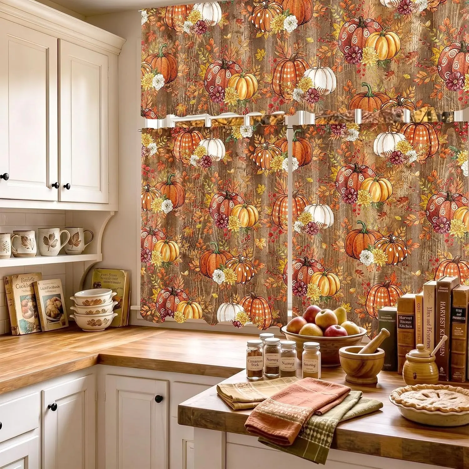 3 Pcs Fall Pumpkin Kitchen Curtains Valances and Tiers Set for Windows, Rustic Autumn Harvest Short Curtain Set Window Drapes for Bedroom Window Party Decor