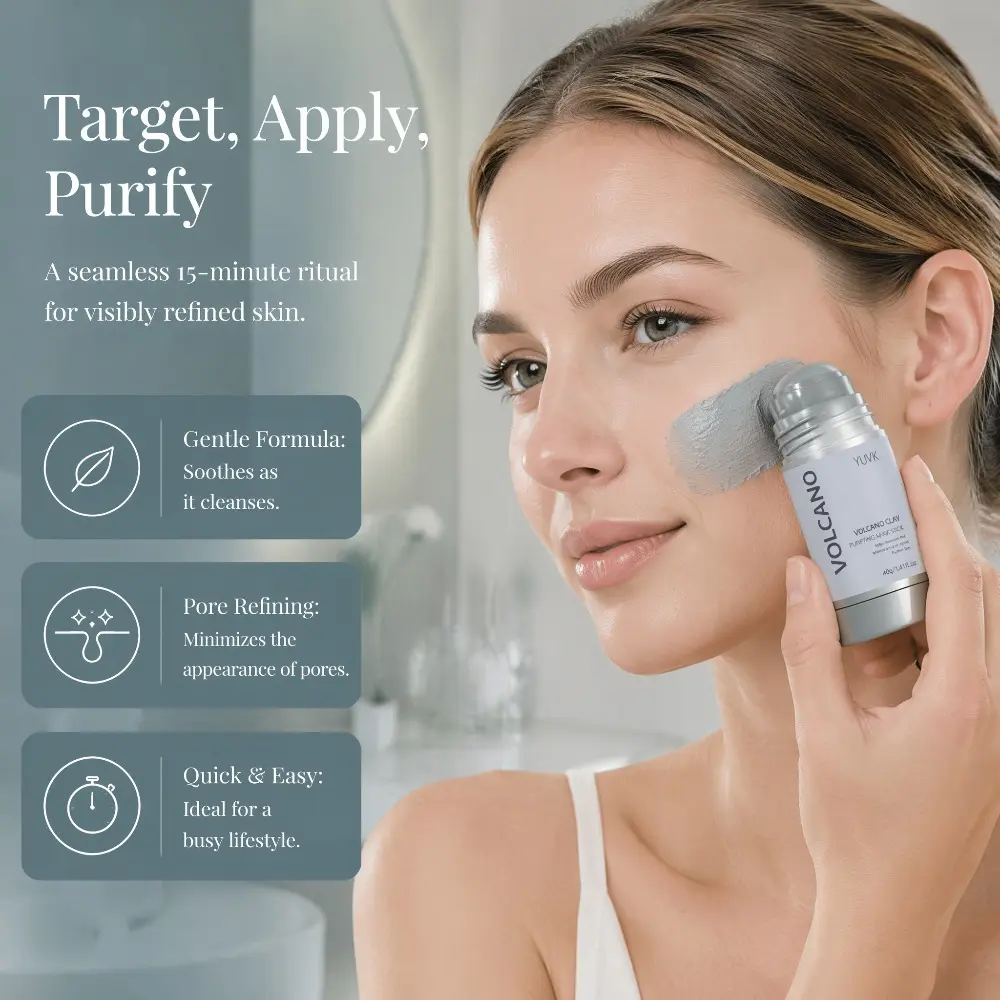 YUVK Gentle Volcanic Clay Purifying Mask Stick Kaolin Bentonite Mild Exfoliating Deep Pore Cleansing Smooth Radiant Skin 40G
