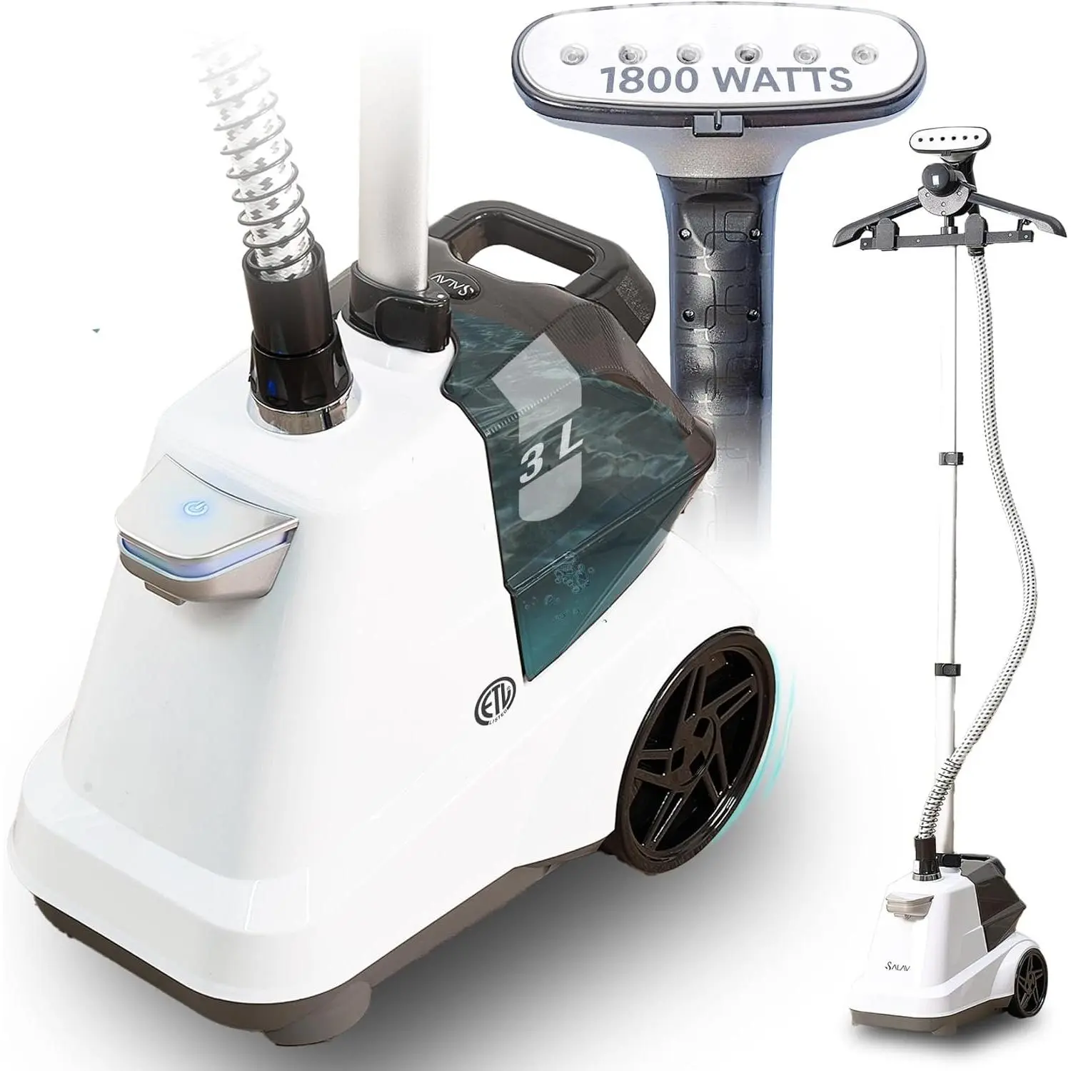 Heavy Duty Commercial Full-Size Garment Steamer with Foot Pedals and  3L (101.5 oz) Water , 1800 watts, 90+min of Continuous Steam (White)