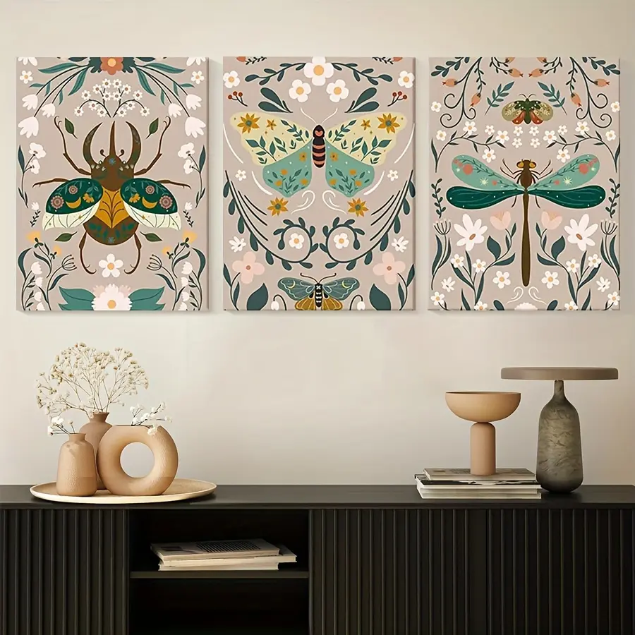Large Wall Decoration Featuring Flowers 3-Piece Canvas Wall Art - Framed, Ready To Hang - For Living Room Bedroom - Perfect Gift For Her Christmas New Year - Wall Decor, Home Decoration
