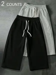 2 Pack Unisex Wide Leg Cropped Sweatpants, Elastic Waist With Drawstring, Casual Loose Fit Lounge Pants With Pockets For Men Women Daily Wear Athletic Athleisure Pants