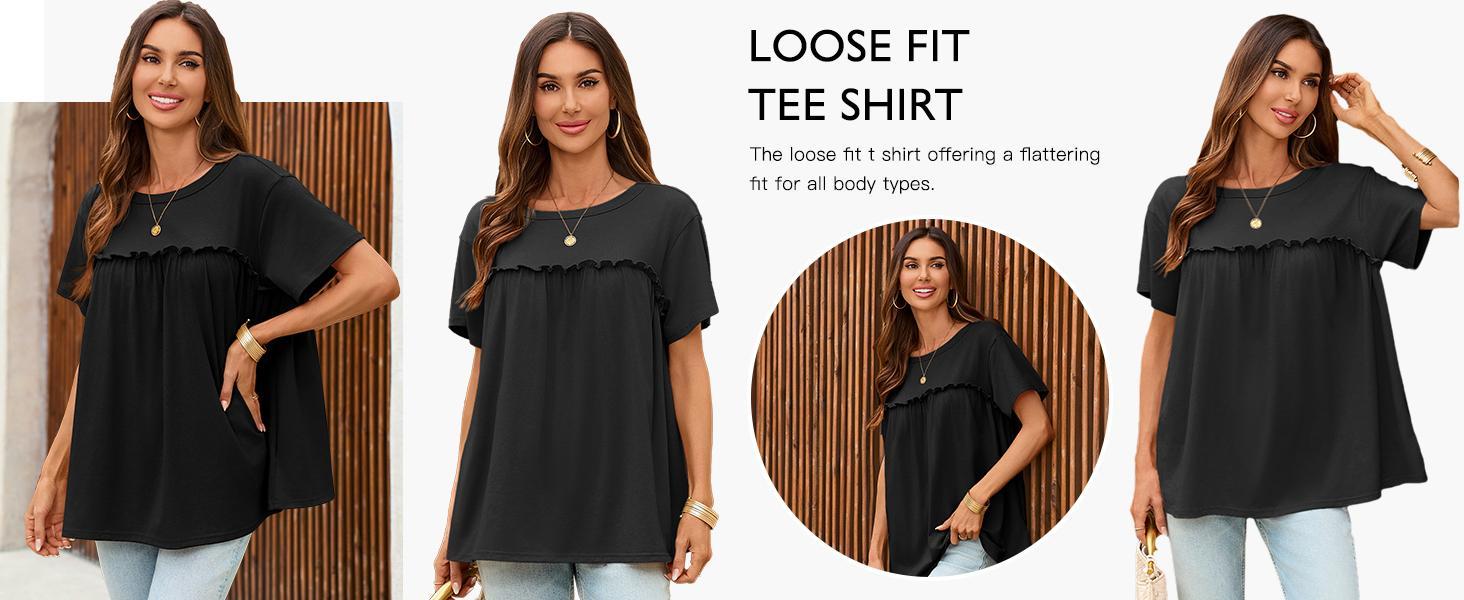 Womens Summer Babydoll Tunic Tops Pleated Short Sleeve Crew Neck Peplum T Shirts Casual Loose Fit Outfits Womenswear Blouse church outfit Breathable Chic