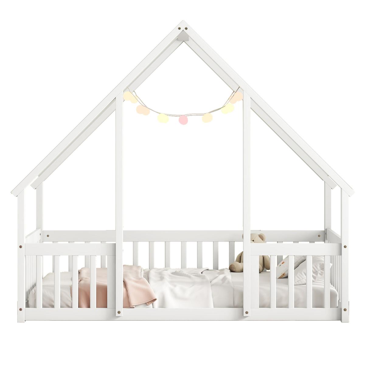 No mattress included.，Twin Wood House-Shaped Floor Bed with Fence, Guardrails ,Twin Size House Bed. Montessori Floor Bed Frame with Safety Guardrails & Playhouse Roof Easy Assembly Toddler Bed for Boys and Girls.
