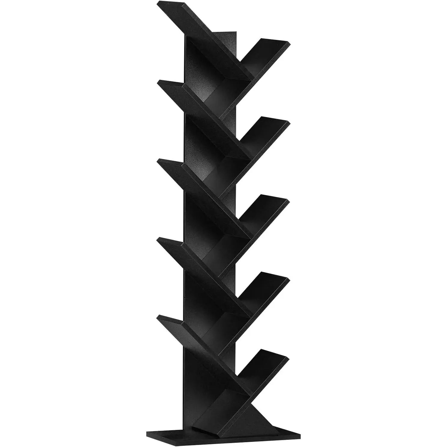 Black 10-Tier Tree-Shaped Wooden Bookshelf, Floor-Standing Narrow Space Storage Organizer for Books/CDs/Magazines, Home Office Living Room Bookcase