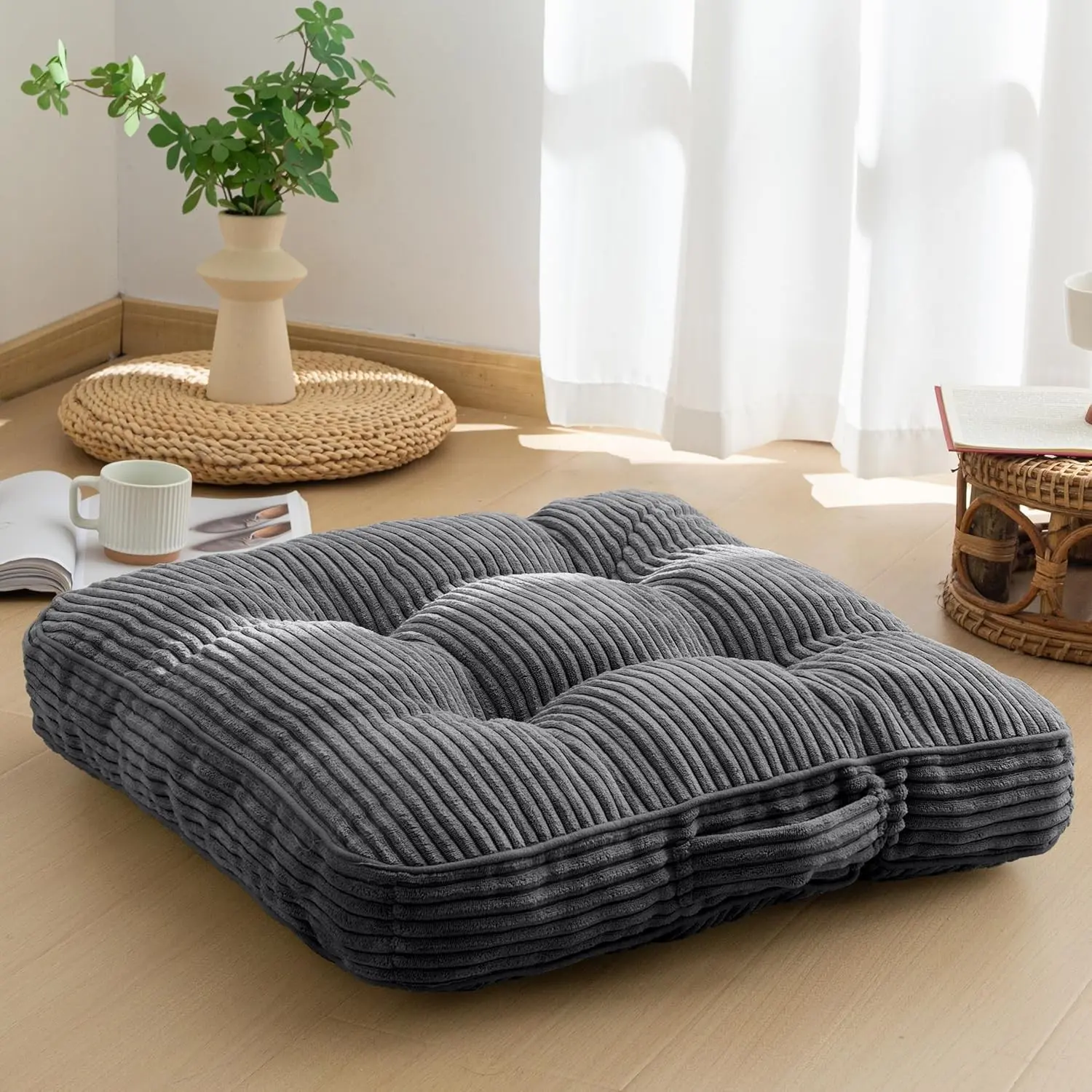 Large Square Floor Pillow Cushion for Adults, Meditation Seating, Tufted Corduroy Cover, for Tatami Living Room or Yoga, 22x22 Inch, Dark GreyGift