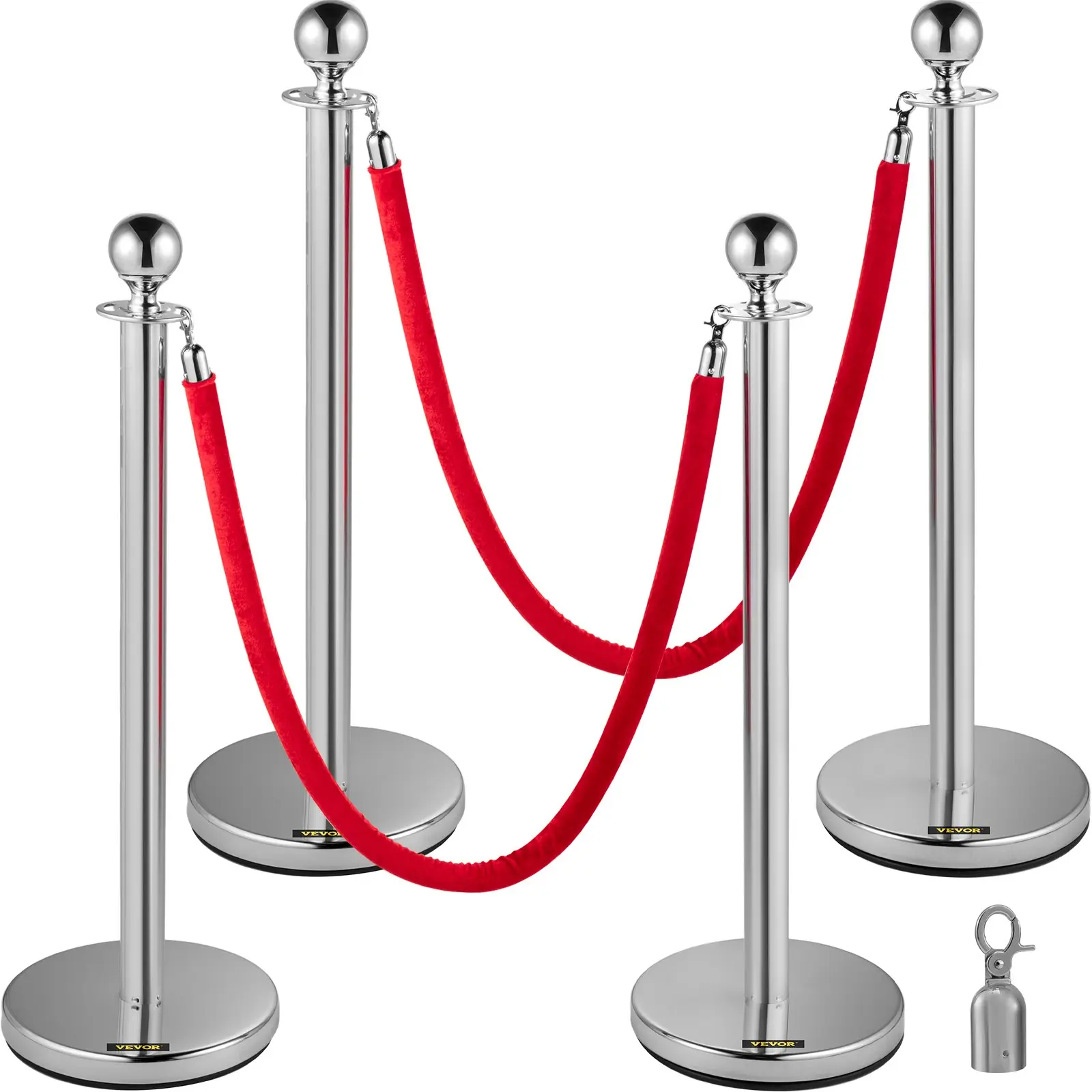 VEVOR 4PCS Stainless Steel Stanchion Posts Queue, Red Velvet Ropes Silver Post, 5FT Rope Barriers Queue Line Crowd Control Barriers for Party Supplies
