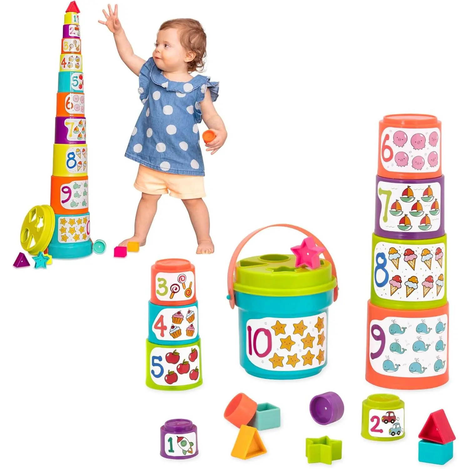 Nesting Sorter Set – 19 Pieces Stacking Bucket Sort Set – 10 Cups & 8 Shapes – Educational & Dexterity Toys – 18+ Months – Sort & Stackfidget toys