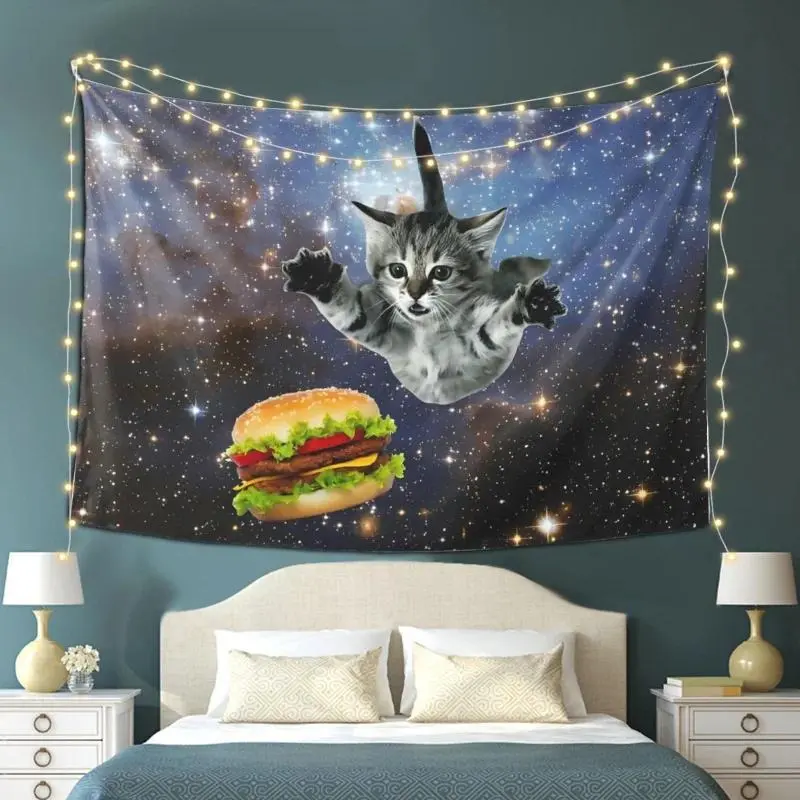 Space Cat Burger Tapestry - Funny Trippy Wall Hanging, Wrinkle Resistant, All Seasons Home Decor for Bedroom, Gaming Room, Anniversary, Birthday Backdrop