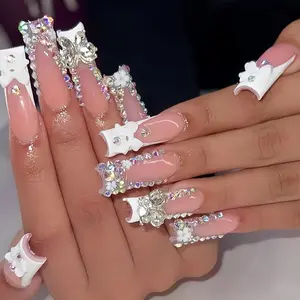 Long Square French Tip Press on Nails, 3D Bow & Ab Bling, Fashionable Rhinestone Decorated, Salon Quality Reusable Acrylic Nail Kit, Perfect for Parties