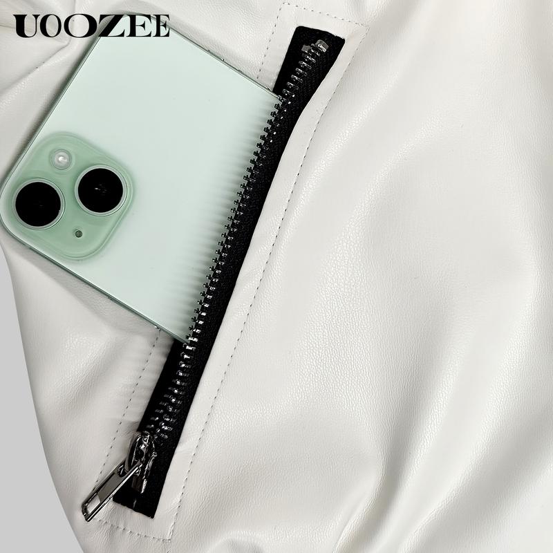 UOOZEE Women's New Fashion Autumn Winter Casual Fit Contrast Color PU Leather with Pockets Stand Collar Y2K Jackets, Puff Sleeves Patchwork Zipper Cropped Short Outerwears Coats