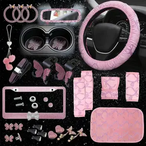 25 count Butterfly Bling Women's  Accessories Set, 15 Inch Steering Wheel Cover,Bling Butterfly  Plate Frame and  Coasters()