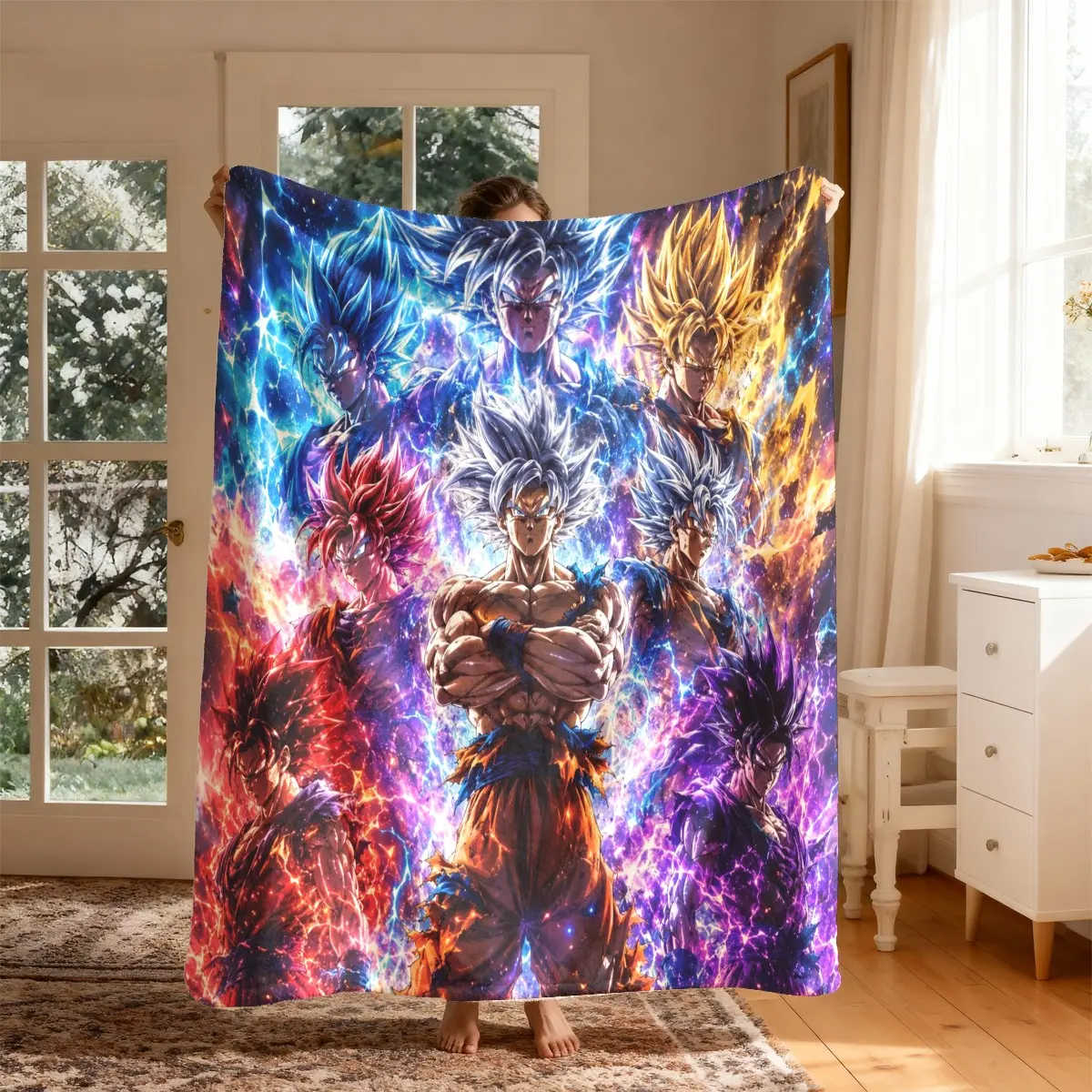 Dragon Ball Goku Multi-Form Cartoon Flannel Blanket, Large Size, Soft and Lightweight, Perfect for All Seasons, Ideal for Bed, Sofa, Office, Camping, Travel