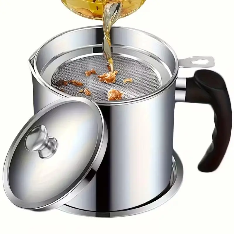 Stainless Steel Oil Pot with Built-in Grease Strainer, Fine Mesh Strainer with Handle for Kitchen and Restaurant Use, Fine Strainer