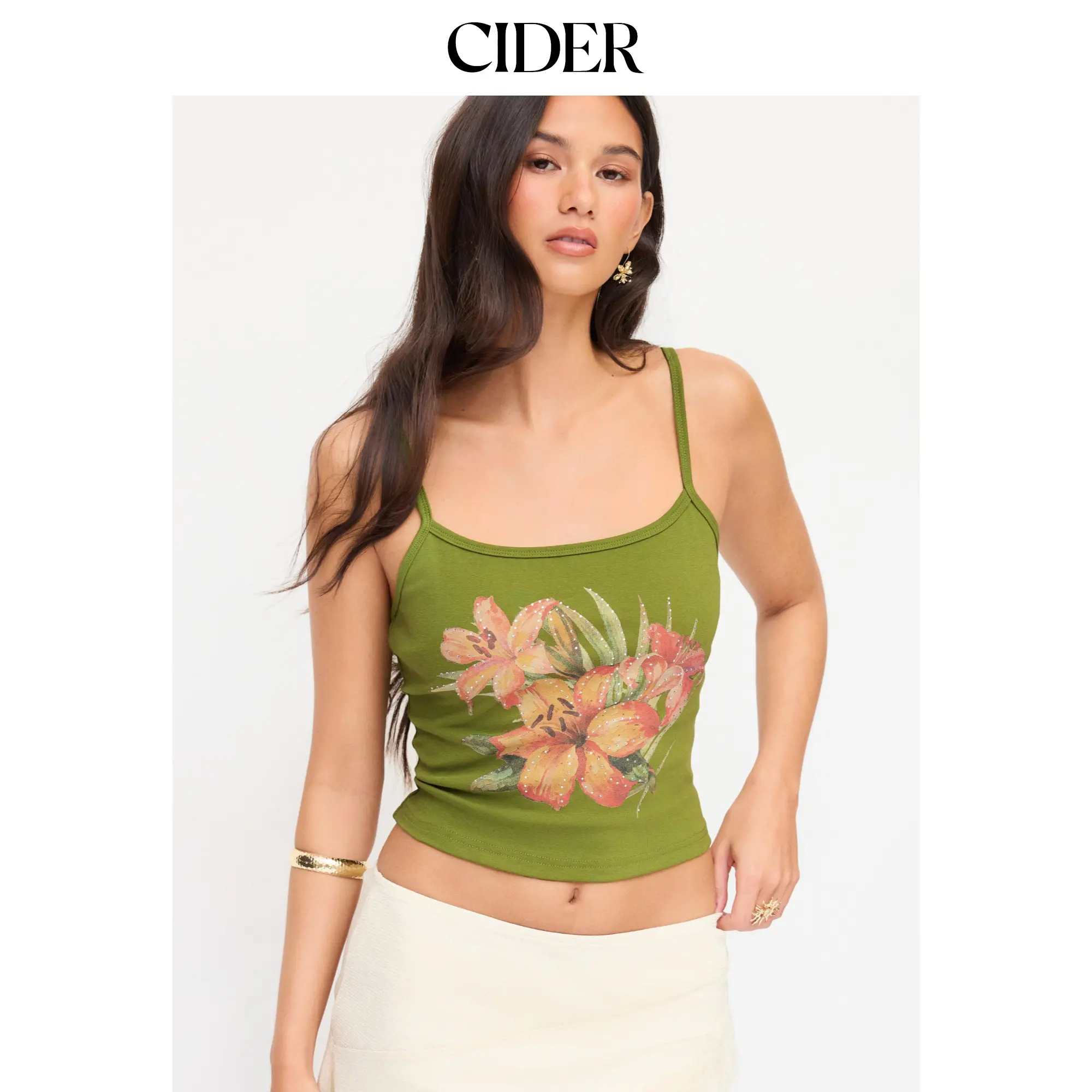 Cider Cotton-blend Floral Rhinestone Cami Top