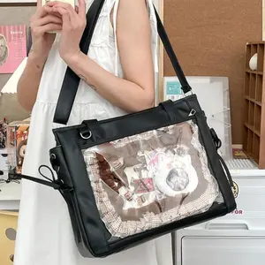 Y2K New PU Luxury Large Ita Bag with Insert Women High Quality Big Clear Window Shoulder Bag Anime Pin Display Girl Bow Handbags
