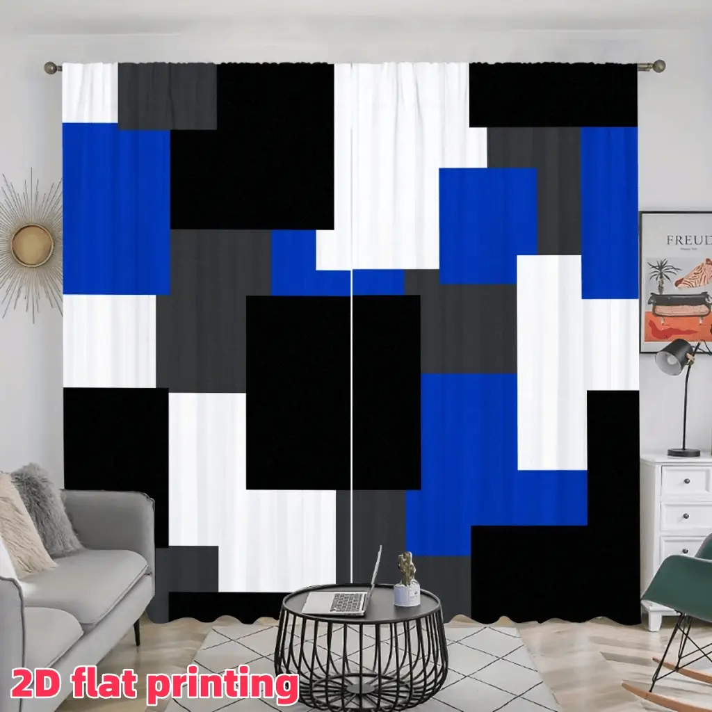 2D Flat 2Pcs Abstract Geometric Pattern Curtains, Black, Blue & White Color Block Window Drapes, Modern Style Treatment for Living Room, Bedroom Office Decor, Semi Sunshade, Anti Privacy, Accessory .