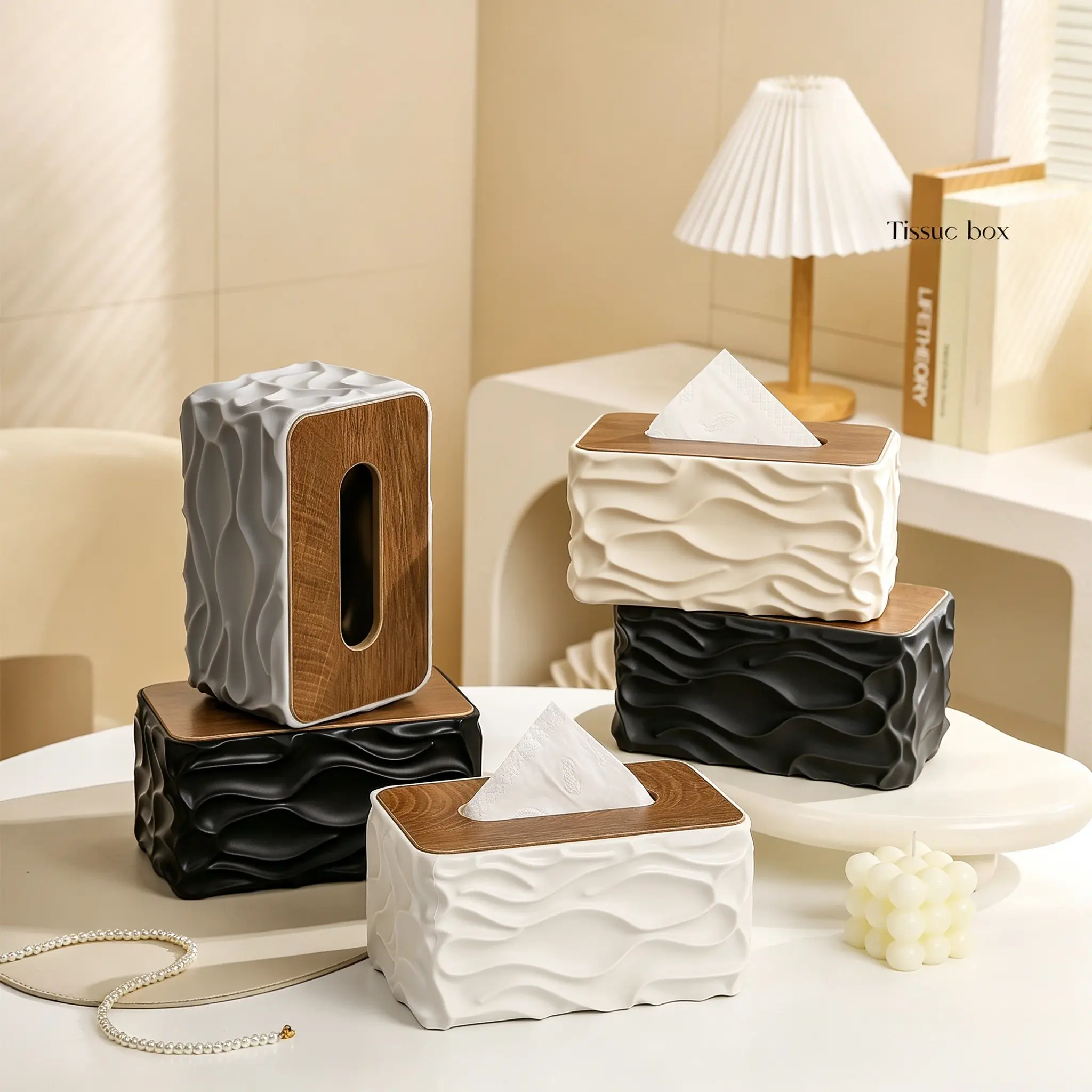 Tissue Box Nordic Minimalist Style Corrugated Tissue Box, Arched Handkerchief Box with Wood Grain Lid, Large Napkin Dispenser, Autumn Decoration Bathroom, Suitable for Bathroom, Bedroom, Living Room, Student Dormitory. Bathroom Additions