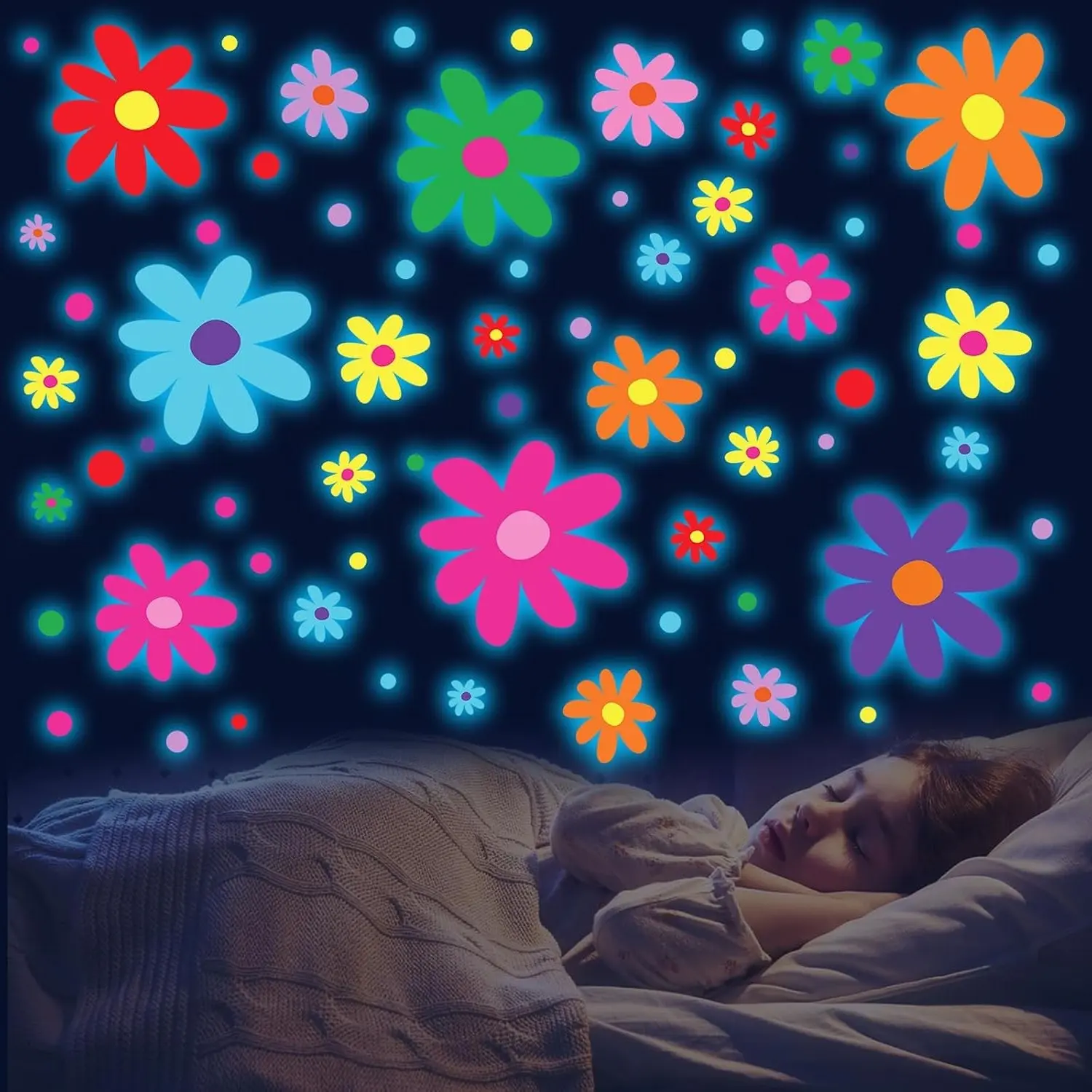 Glow in The Dark Daisy Wall Decals, Luminous Colorful Removable Self-Adhesive Boho Flower Stickers for Girls Bedroom Kids Nursery Living Room DecorGift